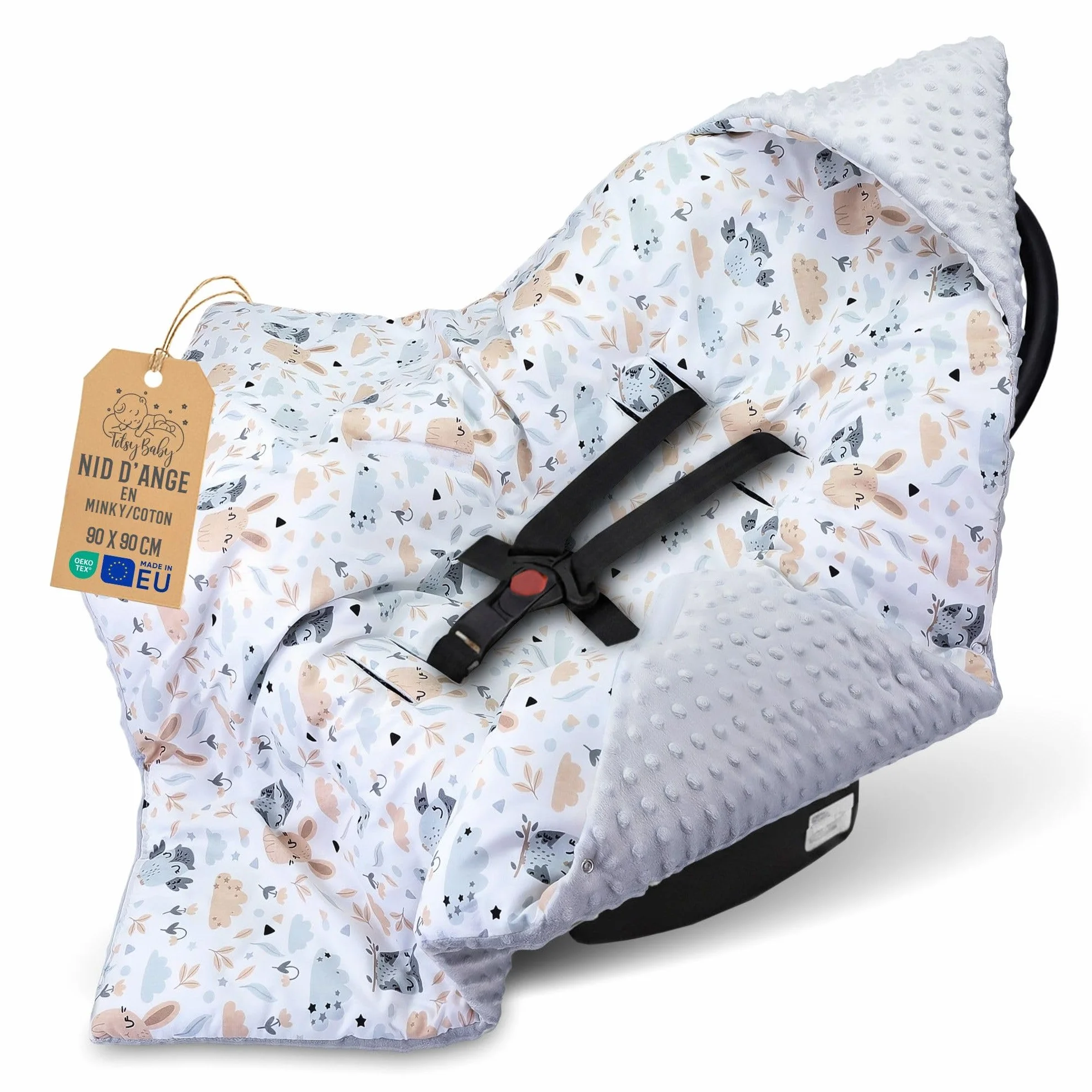 Couverture nid d'ange bébé 90x90 cm Chancelière enveloppante poussette cosy lavable Minky Oeko-Tex Gris Clair