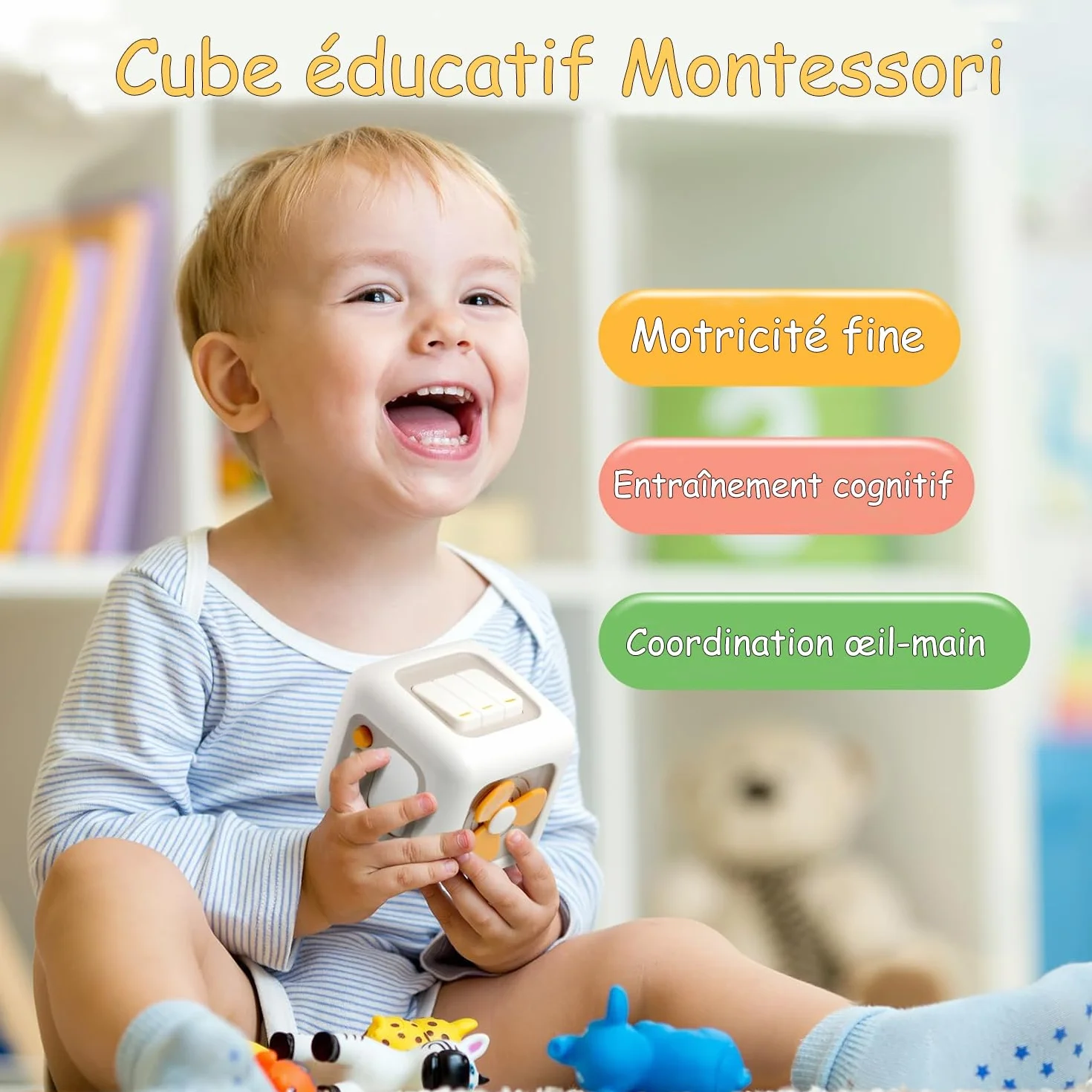 Loyzico Cube d'Activité 6 en 1 Jouets Sensoriels Montessori pour Bébé 1 An Garçons Filles