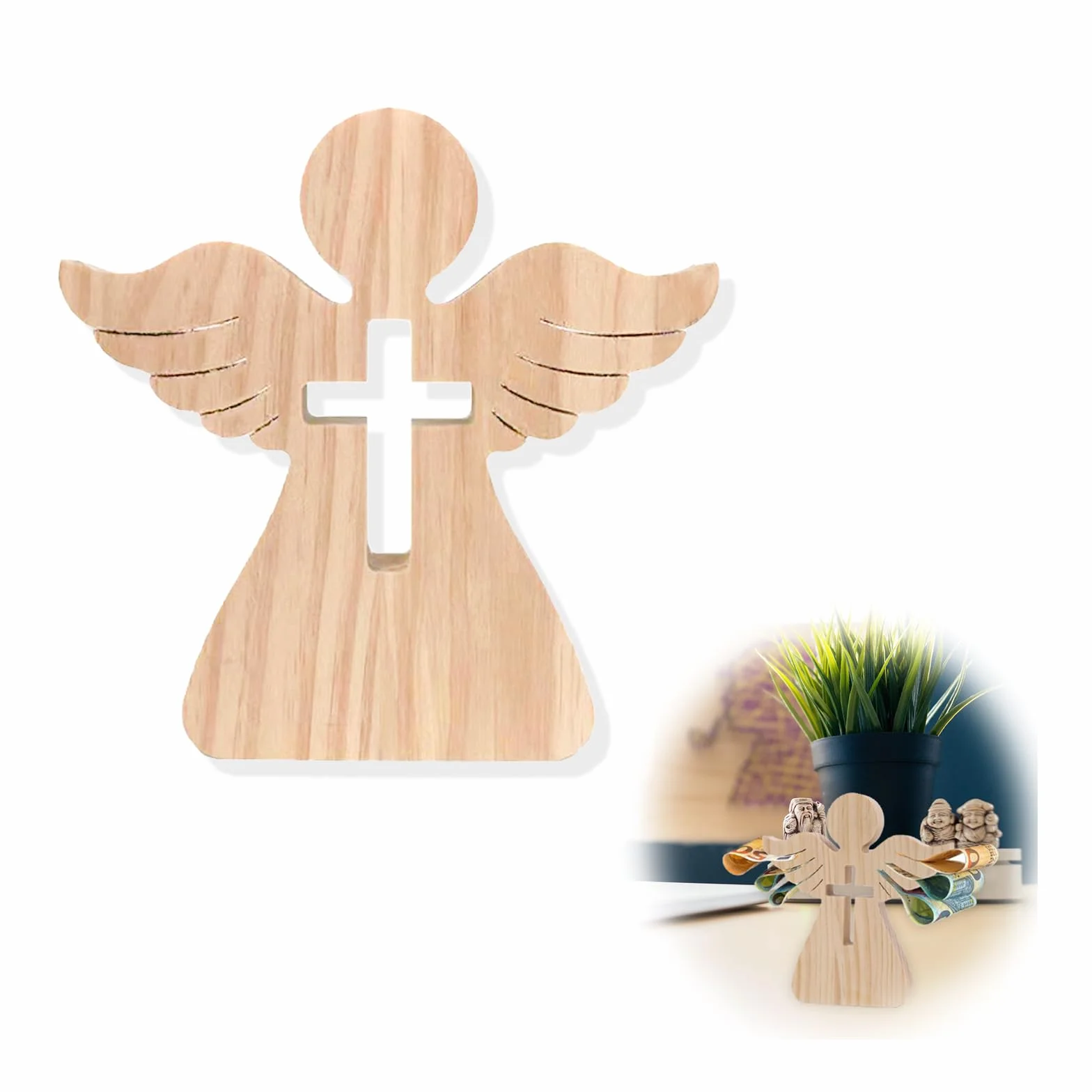 Ange en Bois Croix Gravure Baptême Cadeau Argent Cardien Décoration Fille Garçon Porte-Bonheur