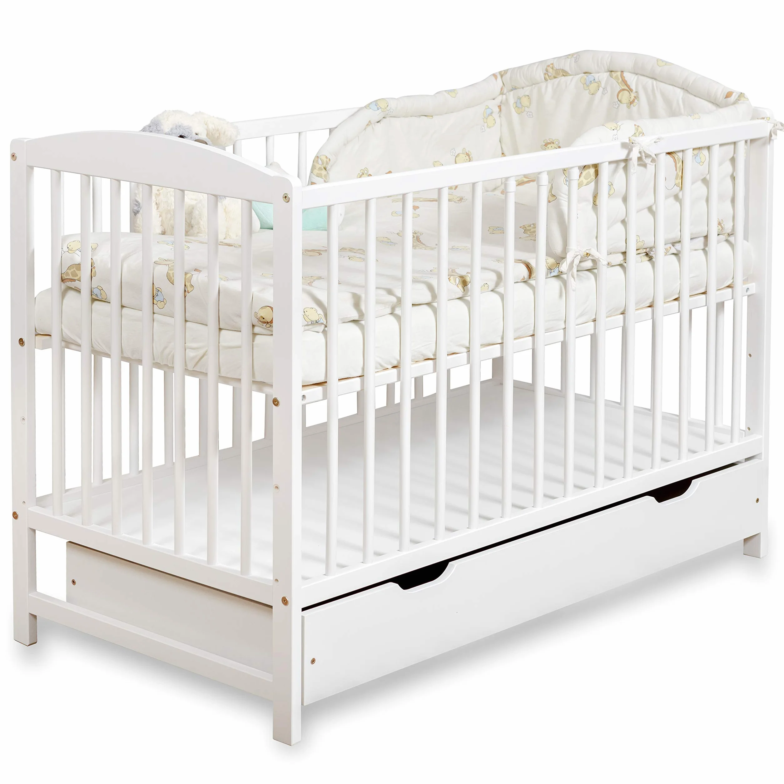 Lit Bébé 60x120 cm avec Tiroir – Lit en Bois Réglable en Hauteur, Transformable en Lit Enfant Blanc