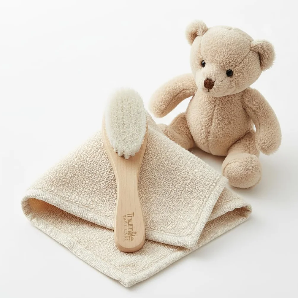Brosse à Cheveux Bébé Poils de Chèvre Doux | Brosse Douce pour Nouveau-Né & Croûtes de Lait | En Bois Naturel Sans Plastique | Thumble Baby Care