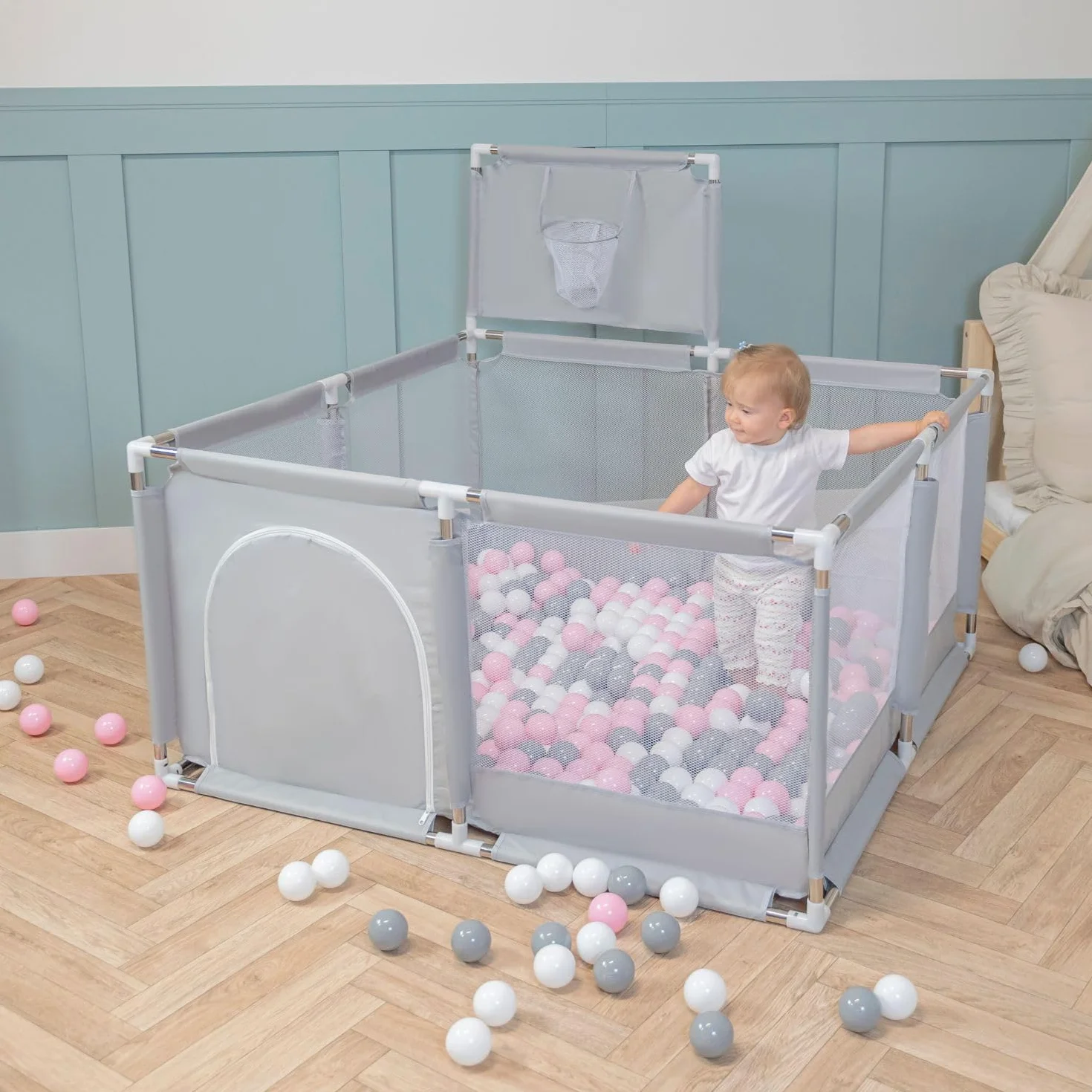 Selonis Parc Bébé Pliable avec 100 Balles Plastiques Aire de Jeu Basket, Bleu