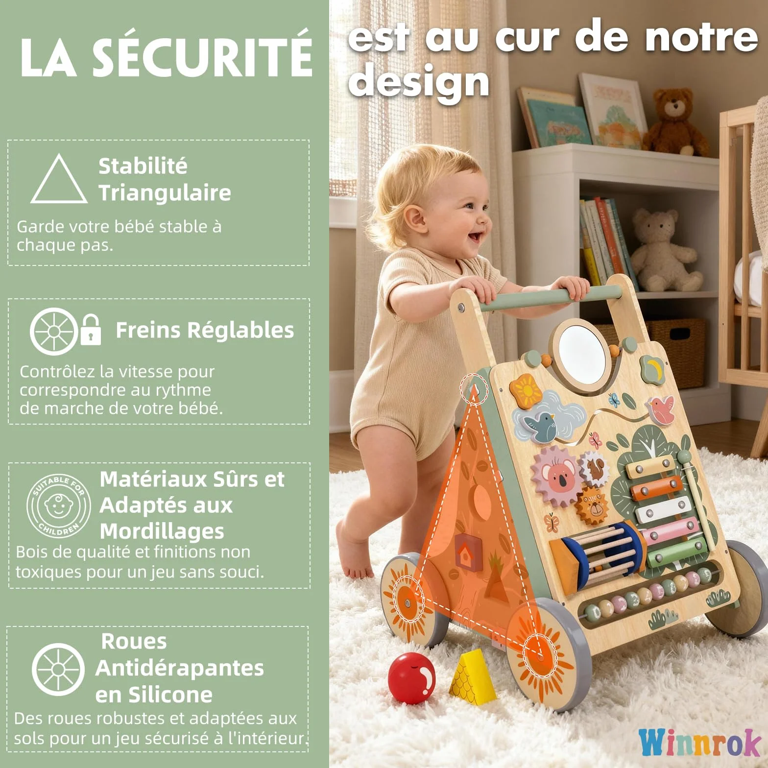 Chariot de Marche en Bois Montessori pour Bébé, Centre d'Activités, Trotteur Réglable 6-24 Mois