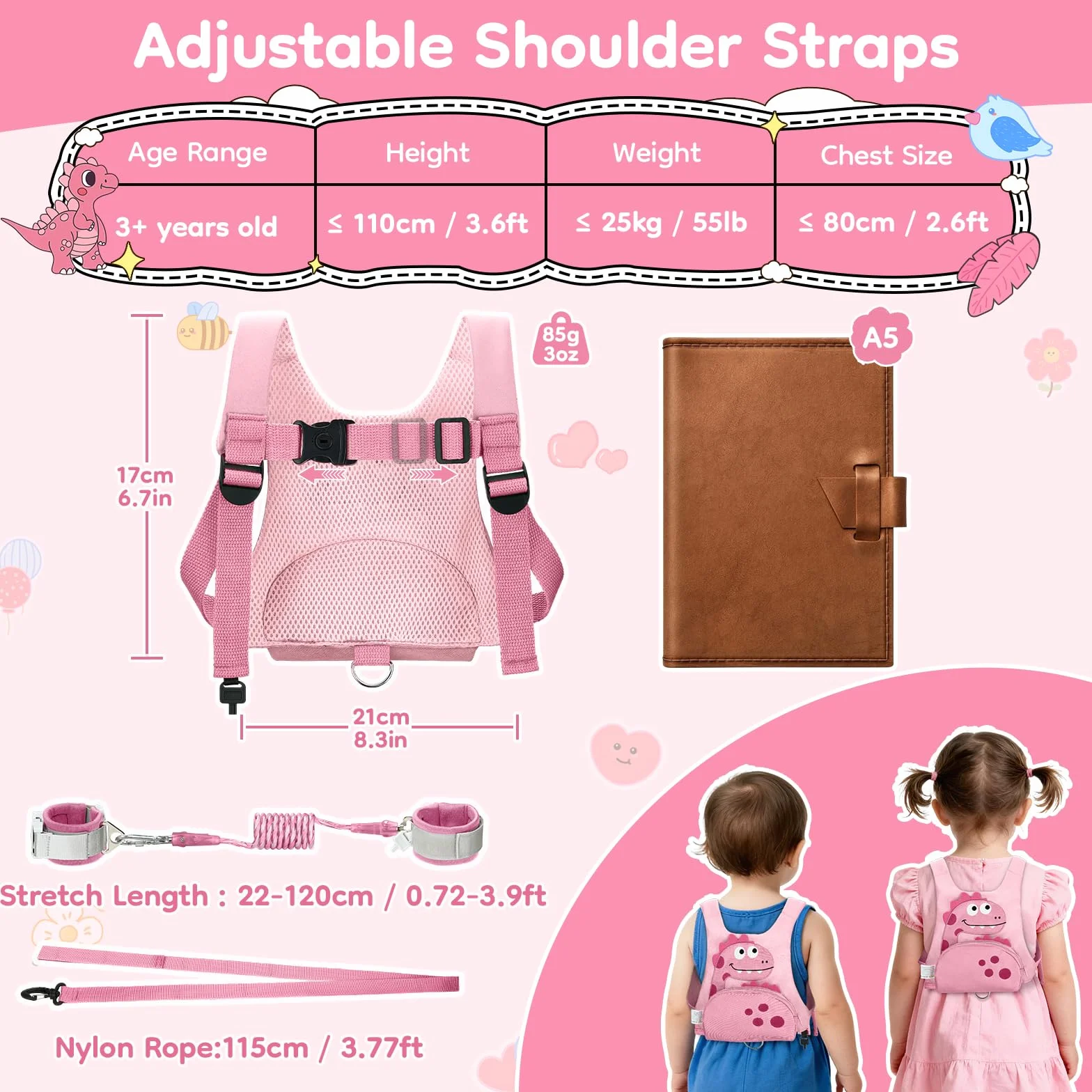 Dr.meter Laisse Enfant 3 en 1 Sac à Dos Anti-Perte Rotative 360° 1,2M Rose Dinosaure Sécurité Extérieur