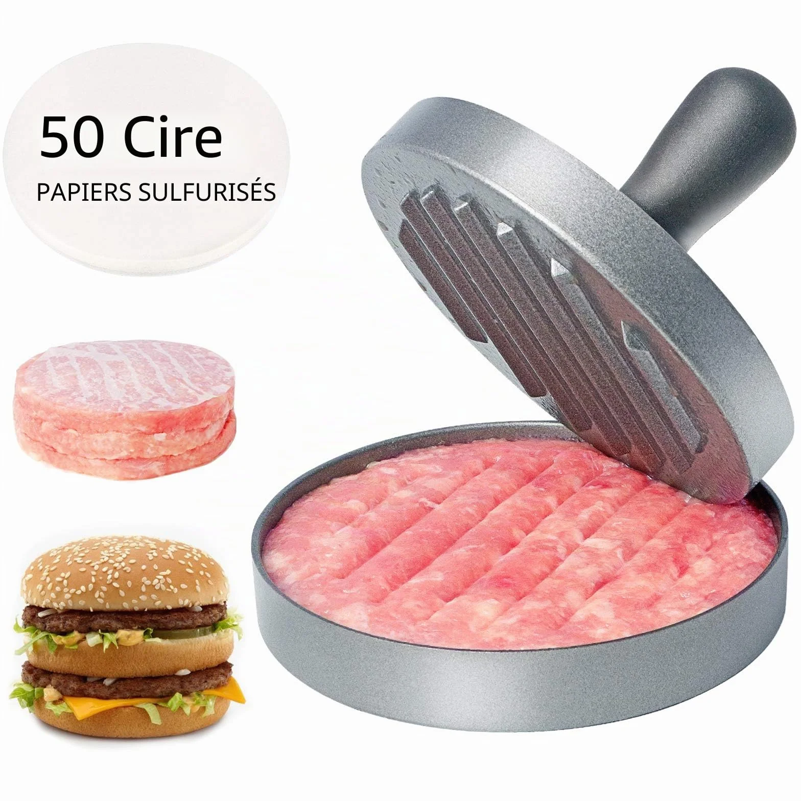 Asdirne Presse-hamburger acier inoxydable qualité alimentaire antiadhésif 11,5 cm avec feuilles papier