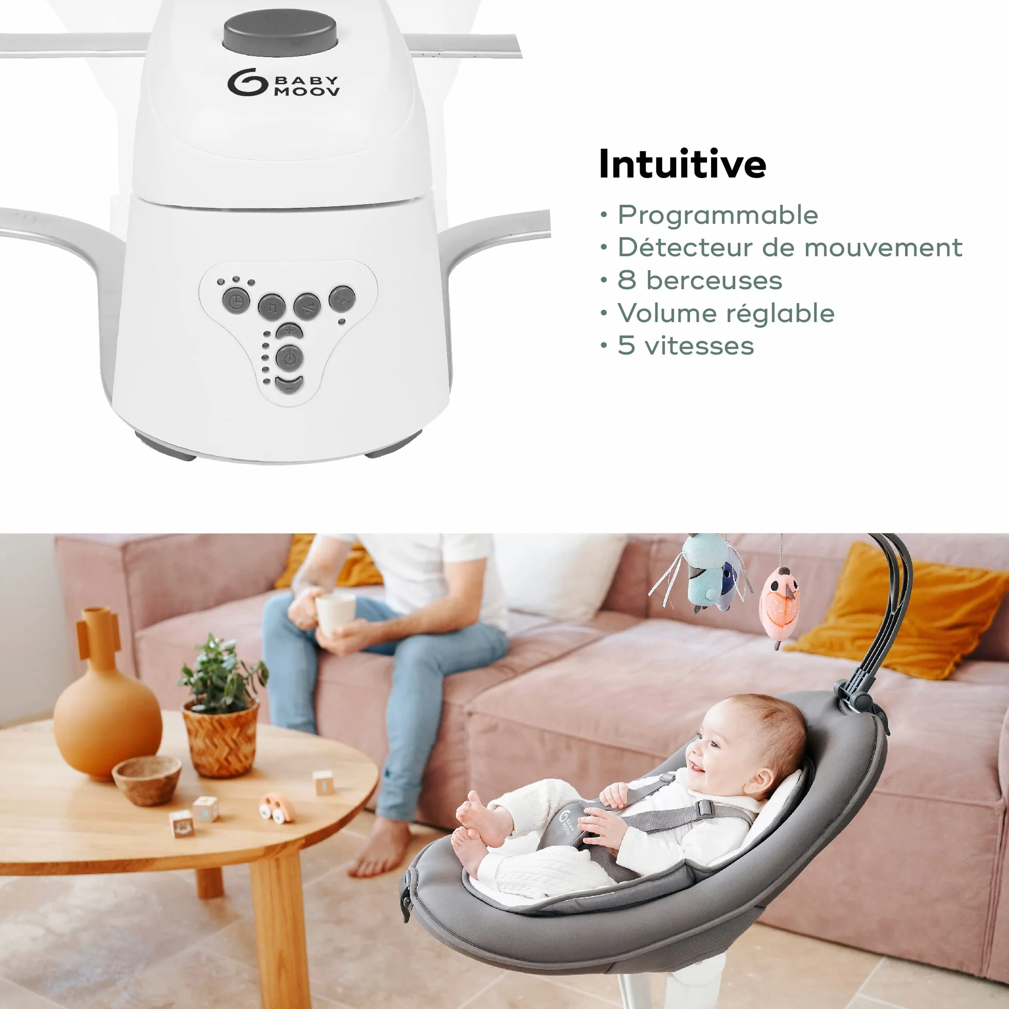 Babymoov Swoon Motion Zinc Balancelle électrique bébé 360° rotative 5 vitesses balancement réducteur nouveau-né arche jeux 8 berceuses