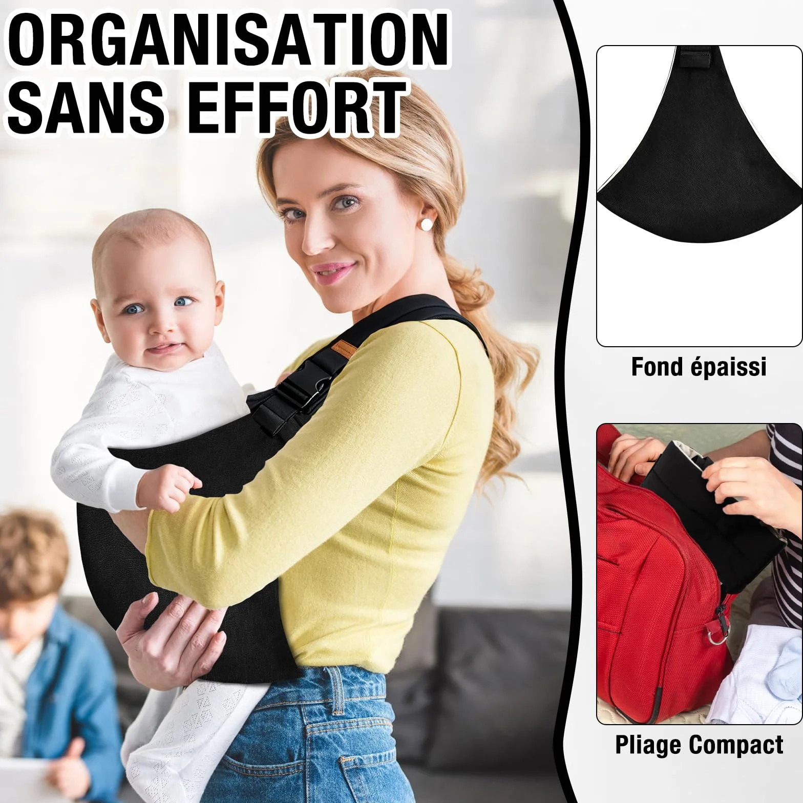 Écharpe de Portage Réglable Porte Bébé Hanche Respirant pour Nouveau-Nés et Tout-Petits jusqu'à 15 kg Noir