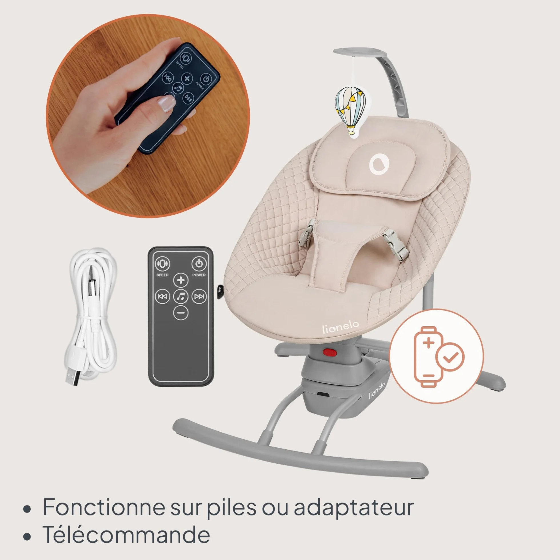 LIONELO RIO Transat Balancelle Électrique Bébés 9 kg Dossier Réglable 3 Vitesses Balancement