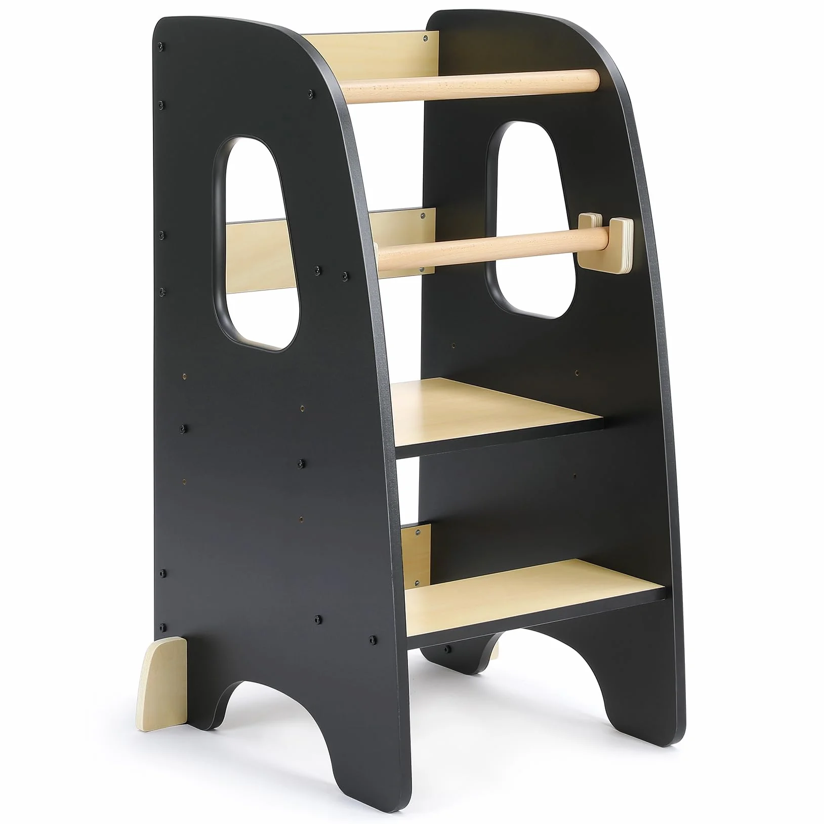 Tour d'apprentissage Montessori pour Enfants en Bois Noir 3 Hauteurs Réglables