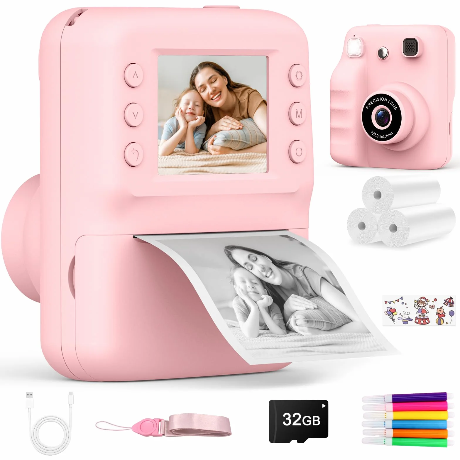 Appareil Photo Instantané Enfant avec Papier d'Impression & Carte 32GB, Écran 2.4'' HD, Vidéo 1080P, Selfie & Jeux