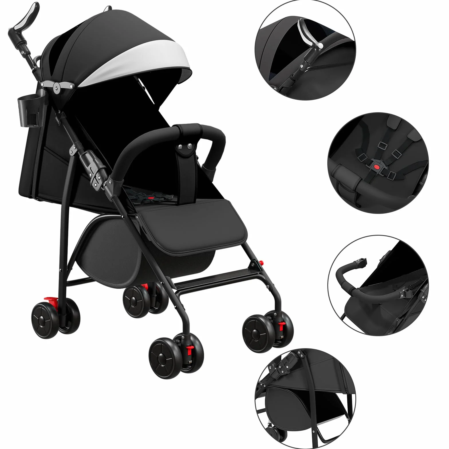 Poussette Canne Compacte 0-4 Ans Légère Pliable Une Main Dossier Inclinable Harnais 5 Points Auvent Moustiquaire 15 kg