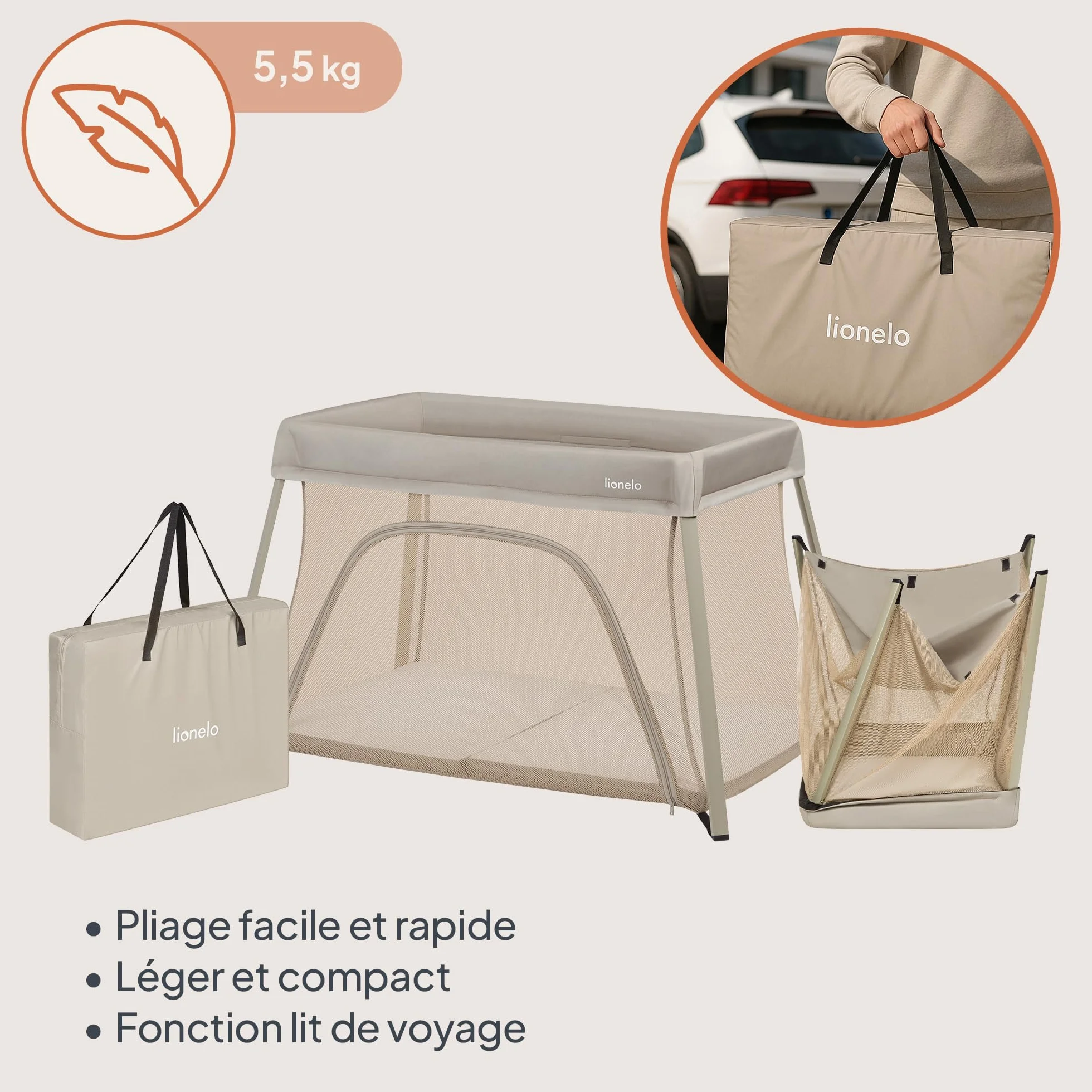 Lionelo Lit de Voyage Bébé Parc Enfant 3en1 Alice 0-15 kg Matelas Mousse 2 Niveaux Hauteur Pliable Léger Entrée Latérale Sac Voyage Beige
