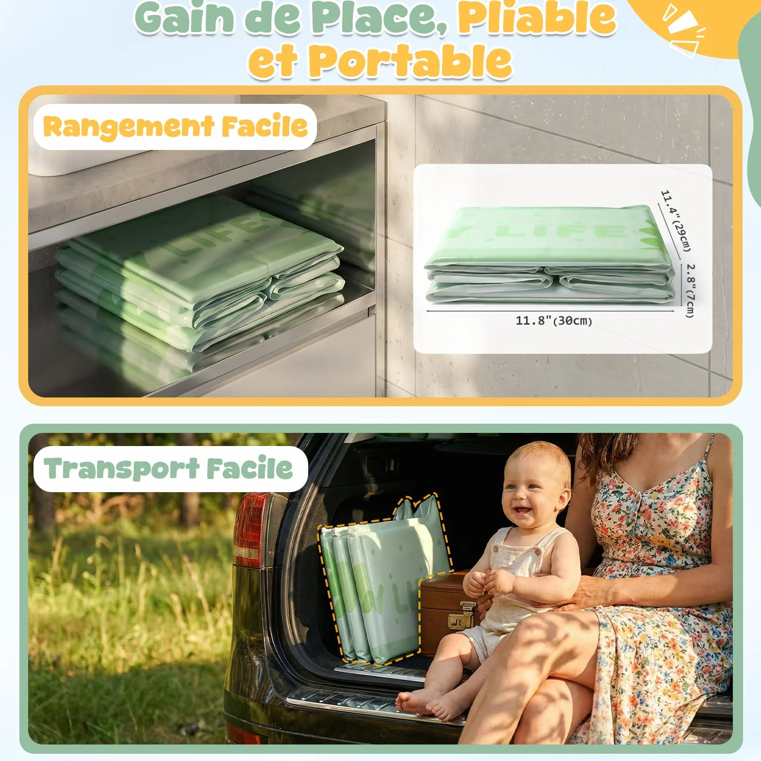 Orzbow Baignoire Pliable Bébé, Grande Baignoire avec Base Antidérapante, Vert, 6 Mois à 6 Ans