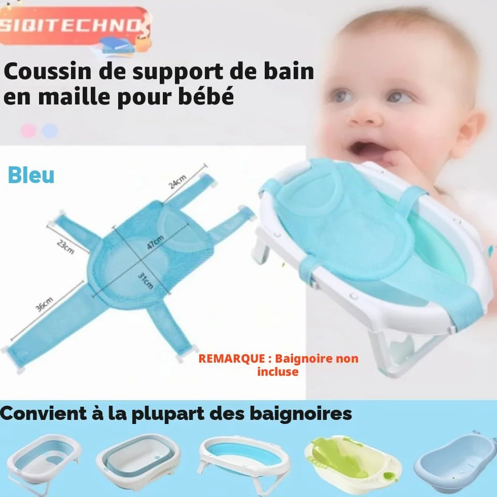 Tapis de Bain Bébé Filet de Bain antidérapant avec Ceinture de sécurité Maille réglable Bleu