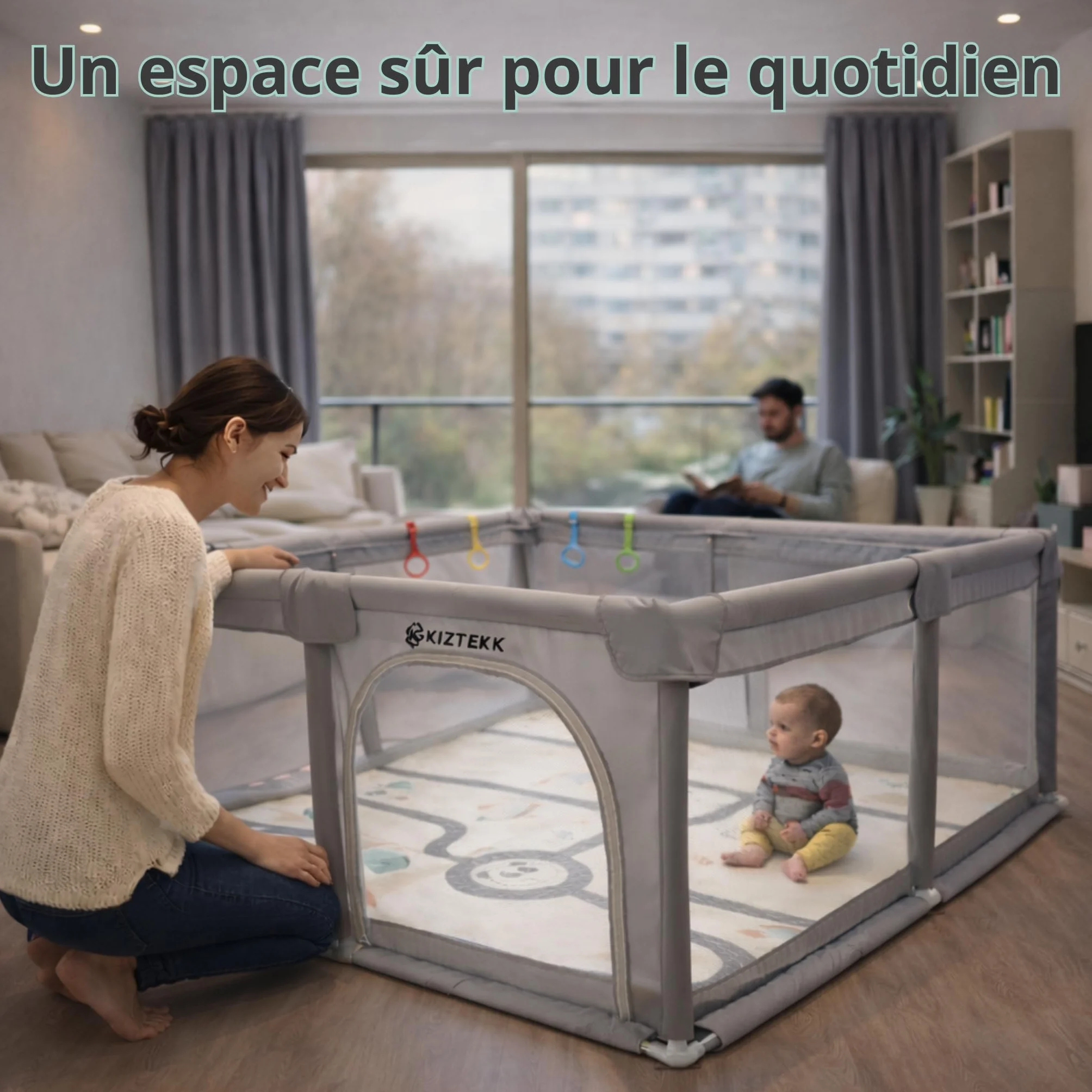 Parc Bebe 150x150 cm Pliable avec Tapis de Sol - Visibilité 360° - 2 Sacs de Rangement
