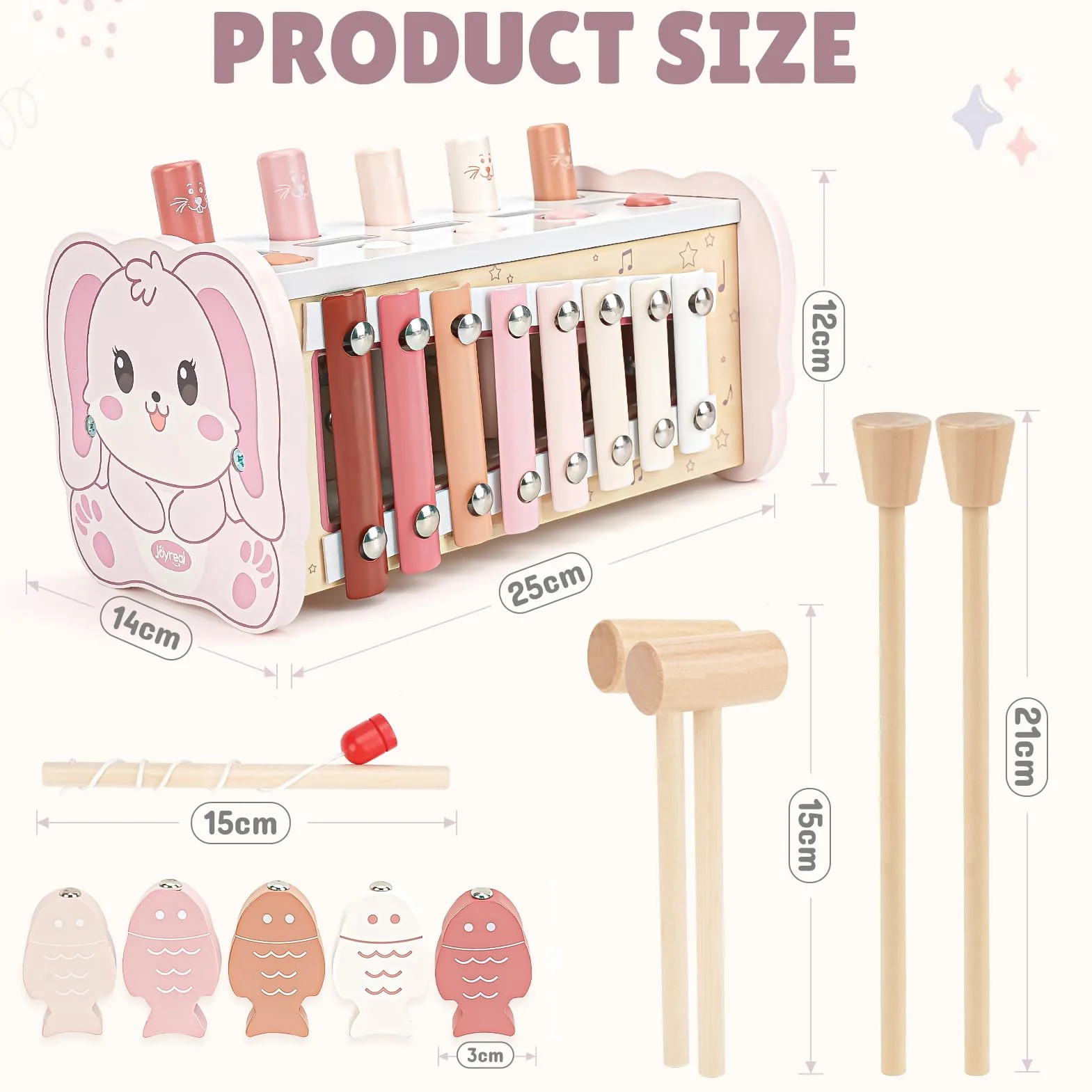 Joyreal Jeux Montessori 1 an - 4 en 1 Xylophone Bebe, Jeu Pêche, Jeu Marteau, Jouet en Bois Motricité Bébé Jeux Educatif