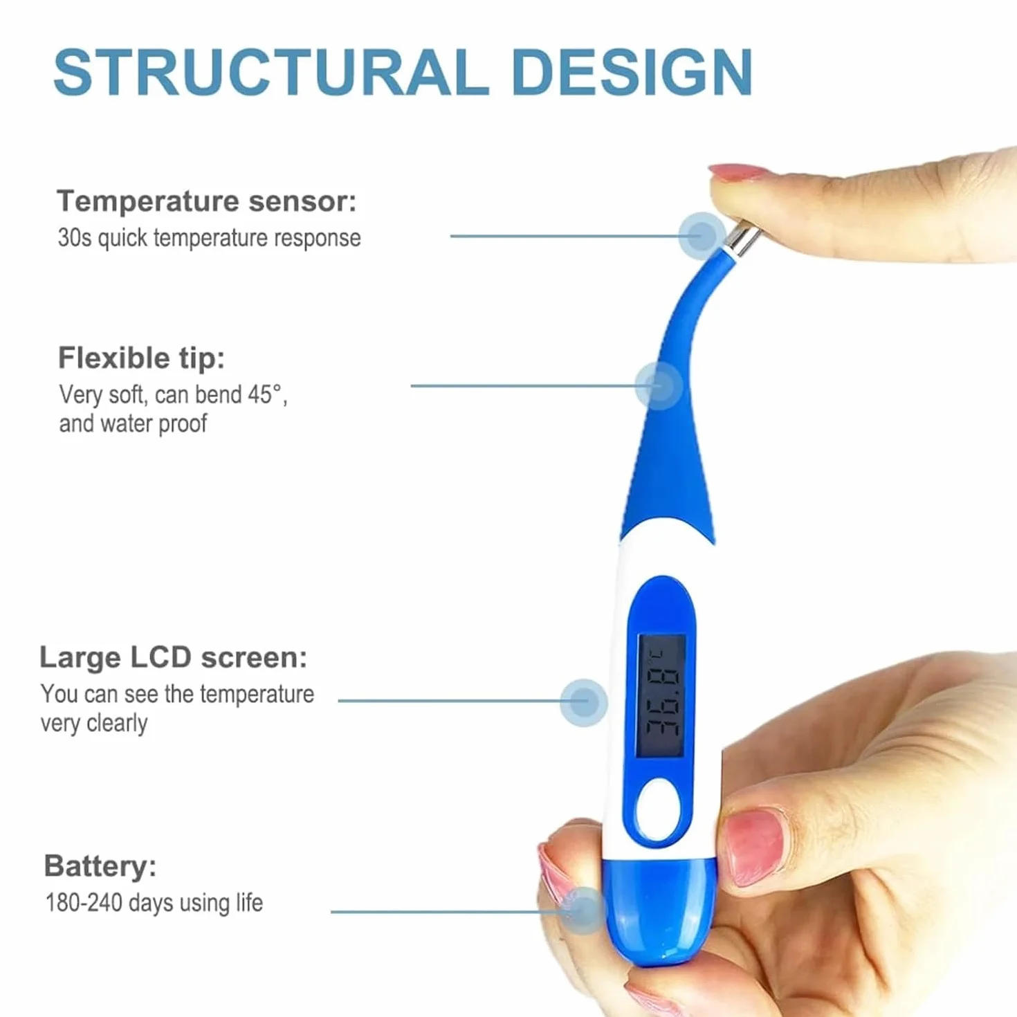 Berrcom Thermomètre Flexible Médical Buccal Avant-Bras étanche avec Alarme de Fièvre