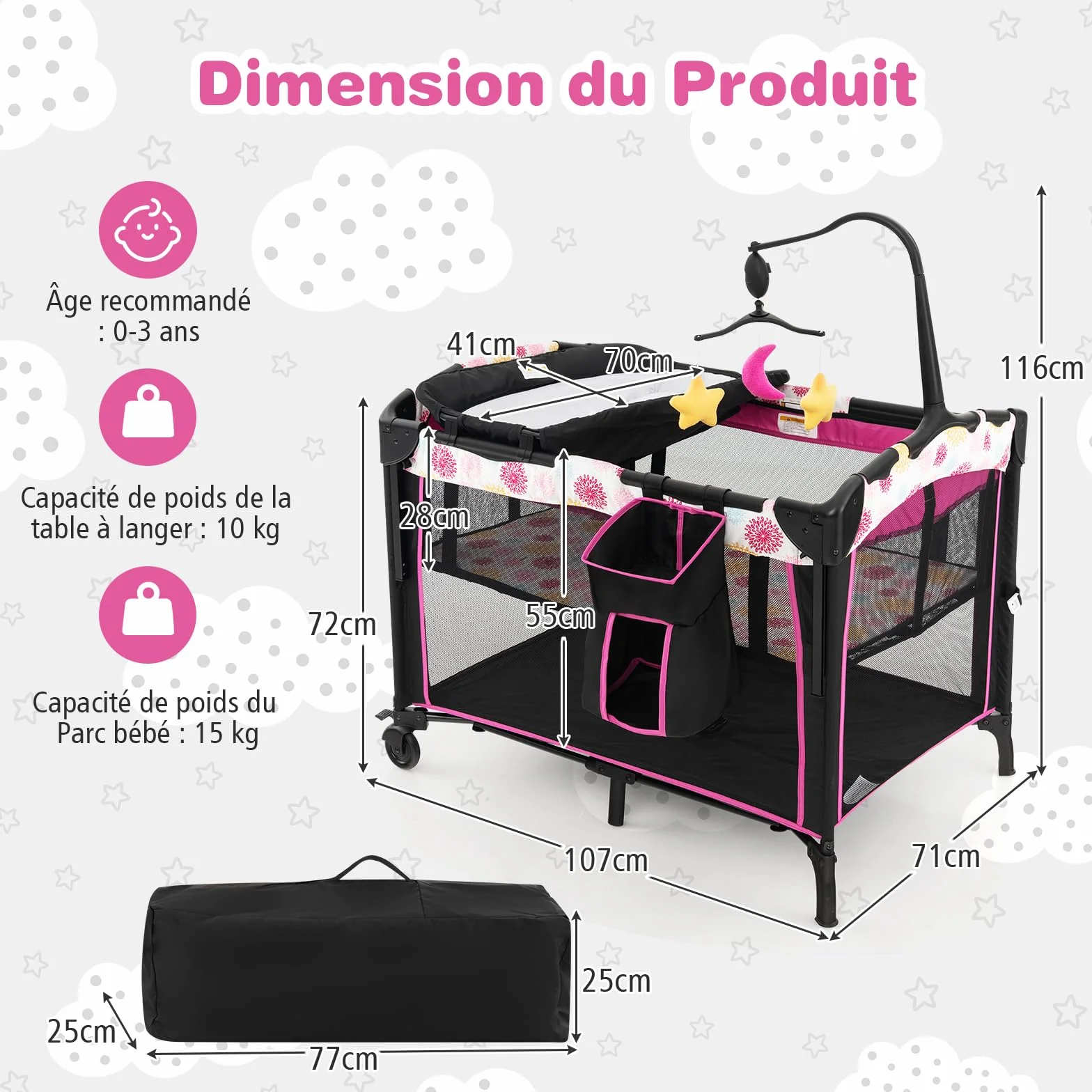 DREAMADE Lit Parapluie Bébé 4 en 1 107x72x119 cm Cododo avec Table à Lange & Matelas Noir+Rose