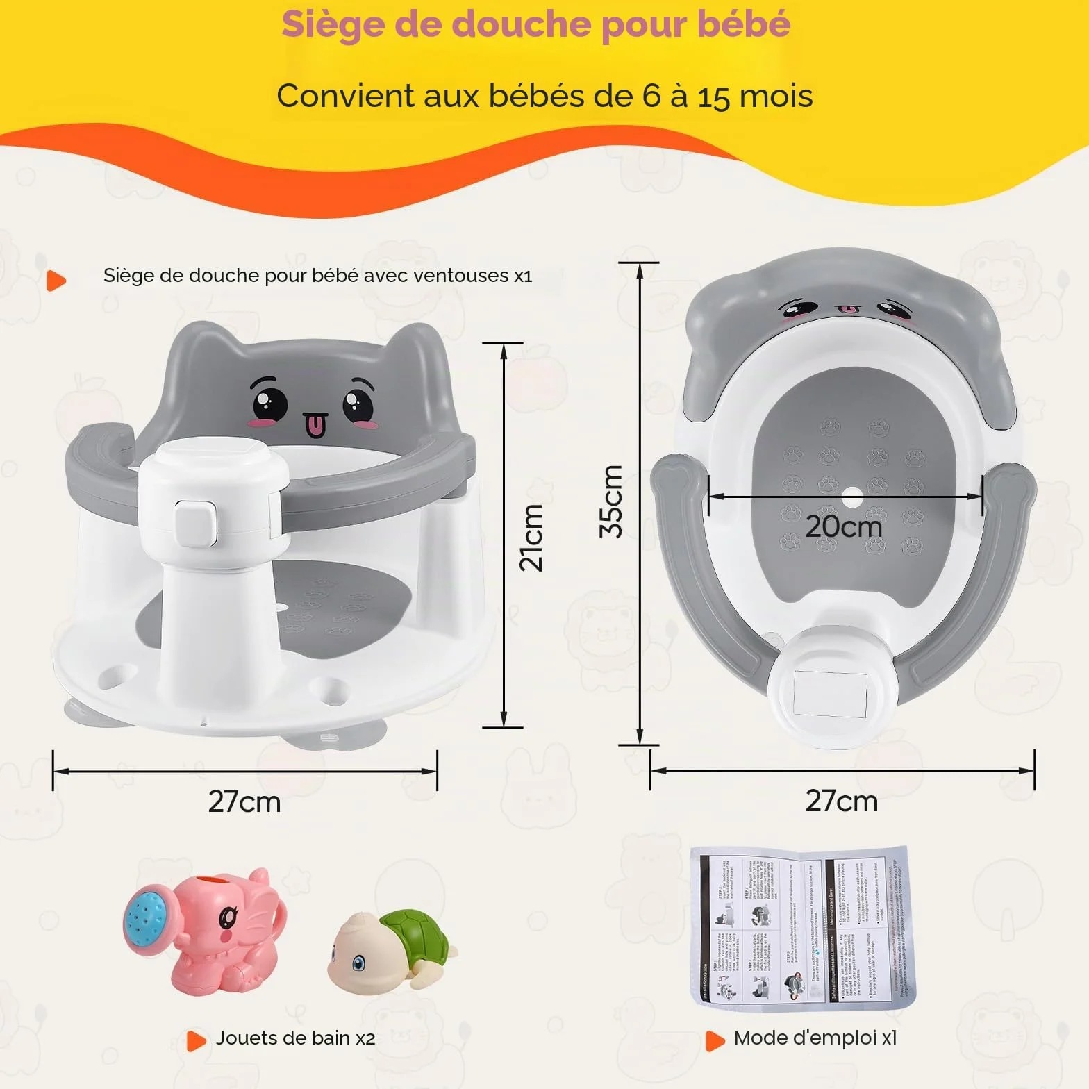 Siège de Bain Bébé Antidérapante 6 Mois+ avec 4 Ventouses