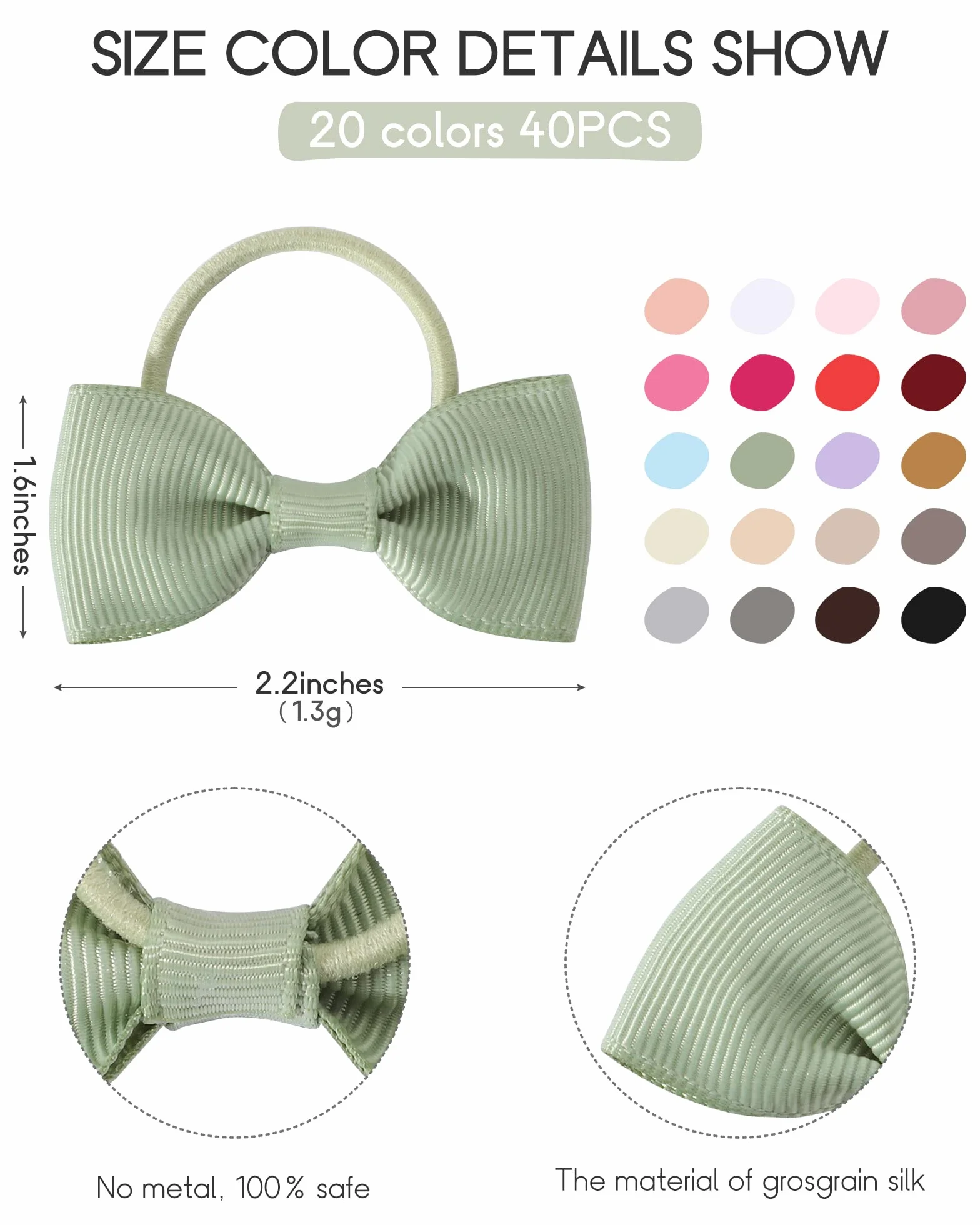 Jollybows Lot de 40 nœuds élastiques pour cheveux 5 cm, ruban élastique pour cheveux, accessoires pour bébés et filles, couleur foncée