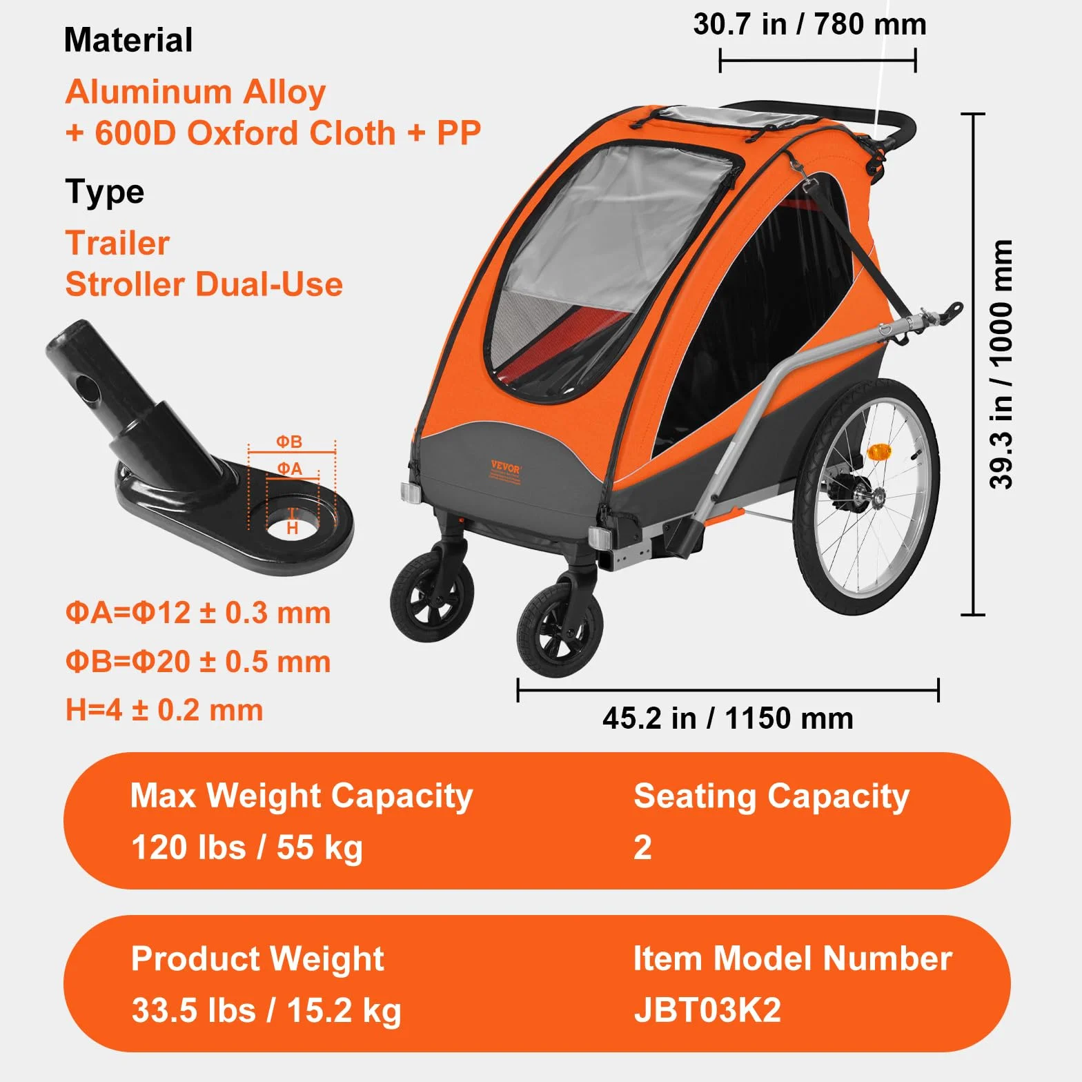 VEVOR Remorque de vélo pour Enfants Double Siège 55 kg 2en1 Pliable Poussette Orange Gris