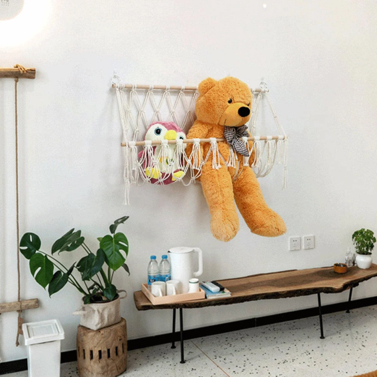 Jouet Hamac pour Animaux en Peluche 100cm Rangement en Maille Boho Macrame Suspendu au Mur