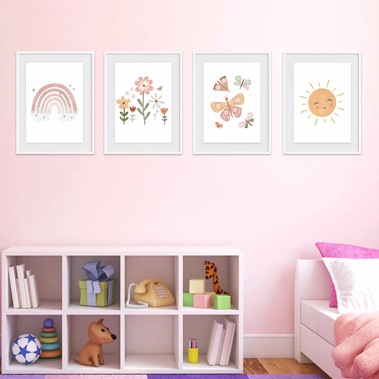 Vegena Lot de 4 tableaux Décoration murale chambre enfant Arc-en-ciel soleil nuage fleurs papillons DIN A4 Bohème