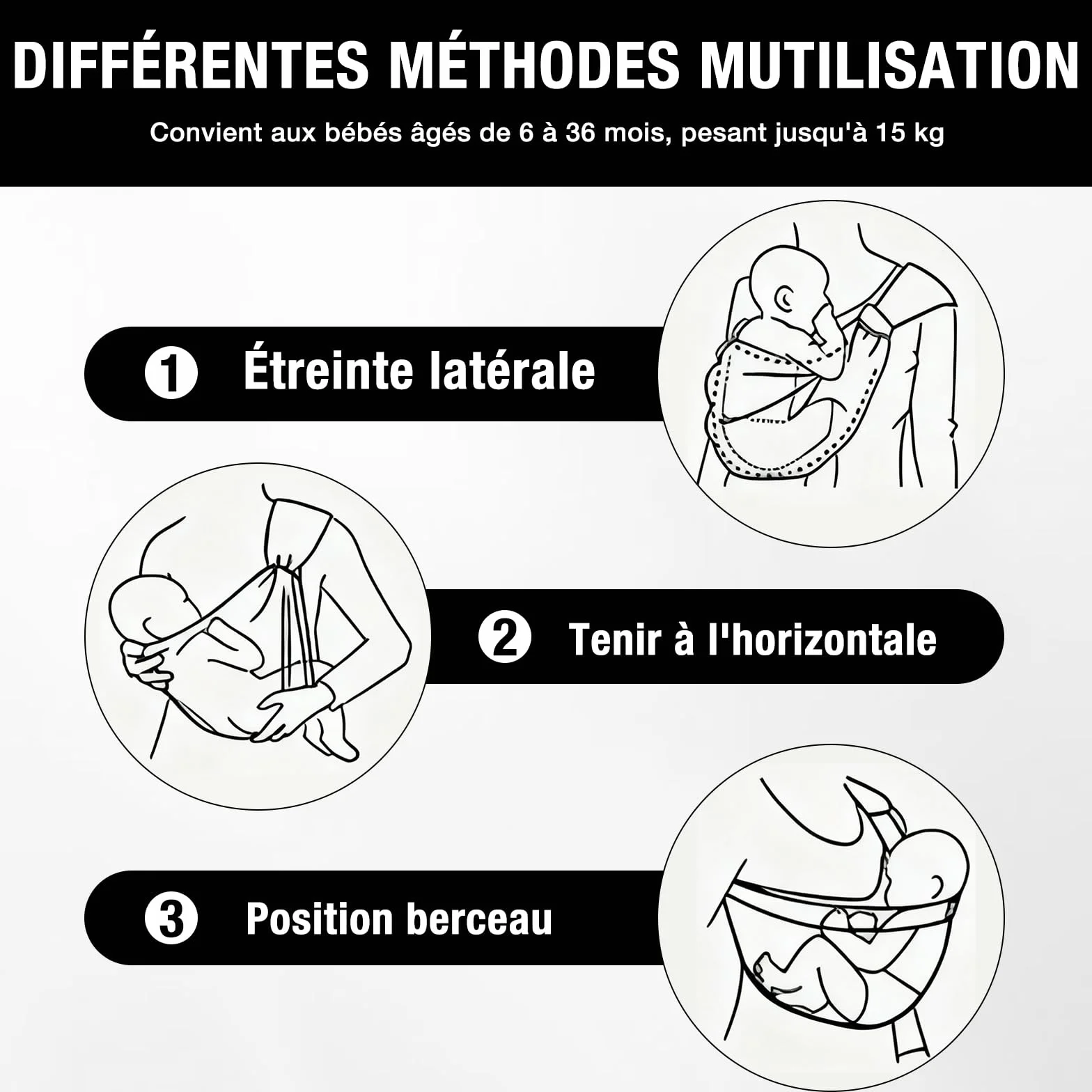 Écharpe de Portage Réglable Porte Bébé Hanche Respirant pour Nouveau-Nés et Tout-Petits jusqu'à 15 kg Noir