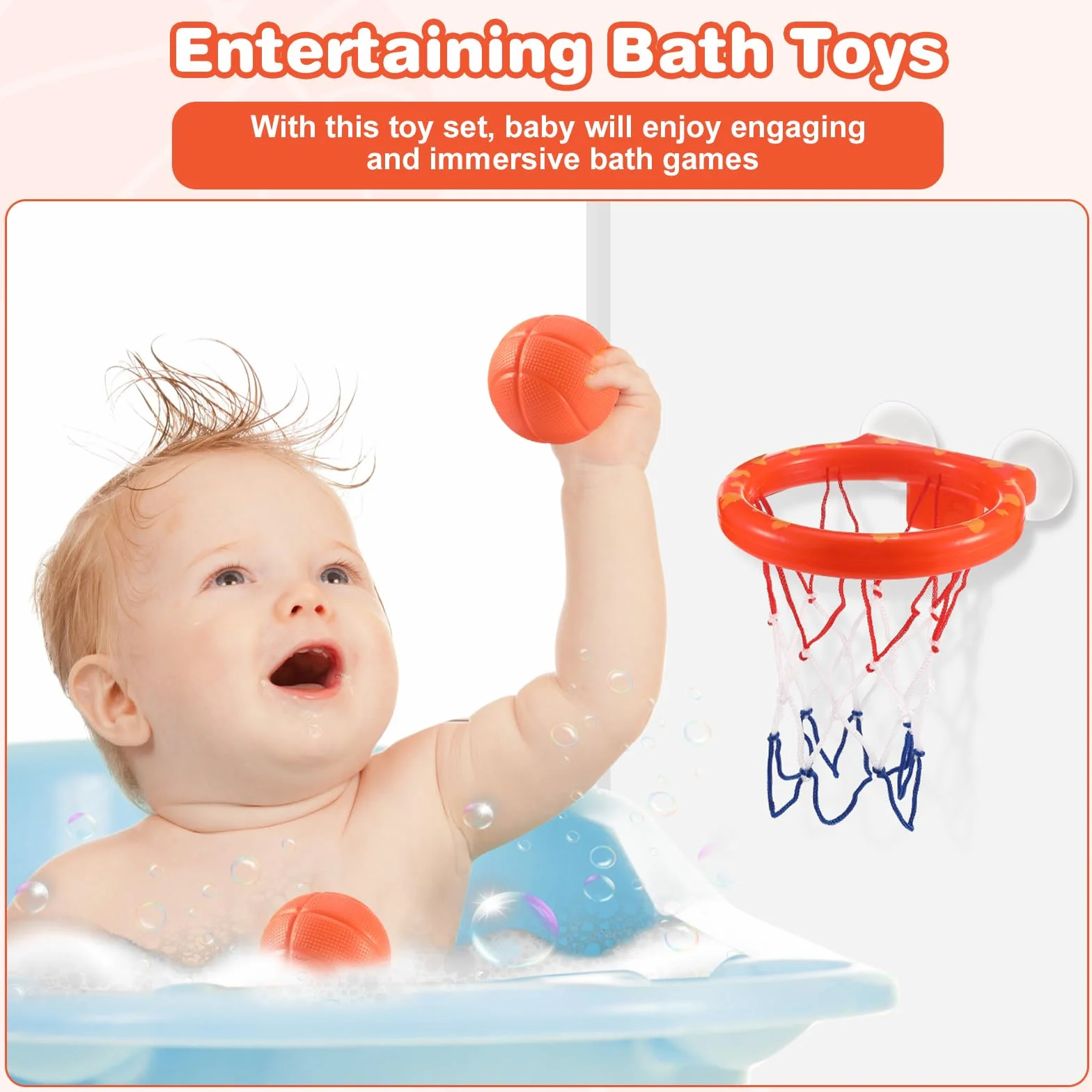 Jouet De Bain Bébé 3 Ans Panier Basket Baignoire Kit Jeu Douche 5 Balles Sans Trou Ventouse Forte