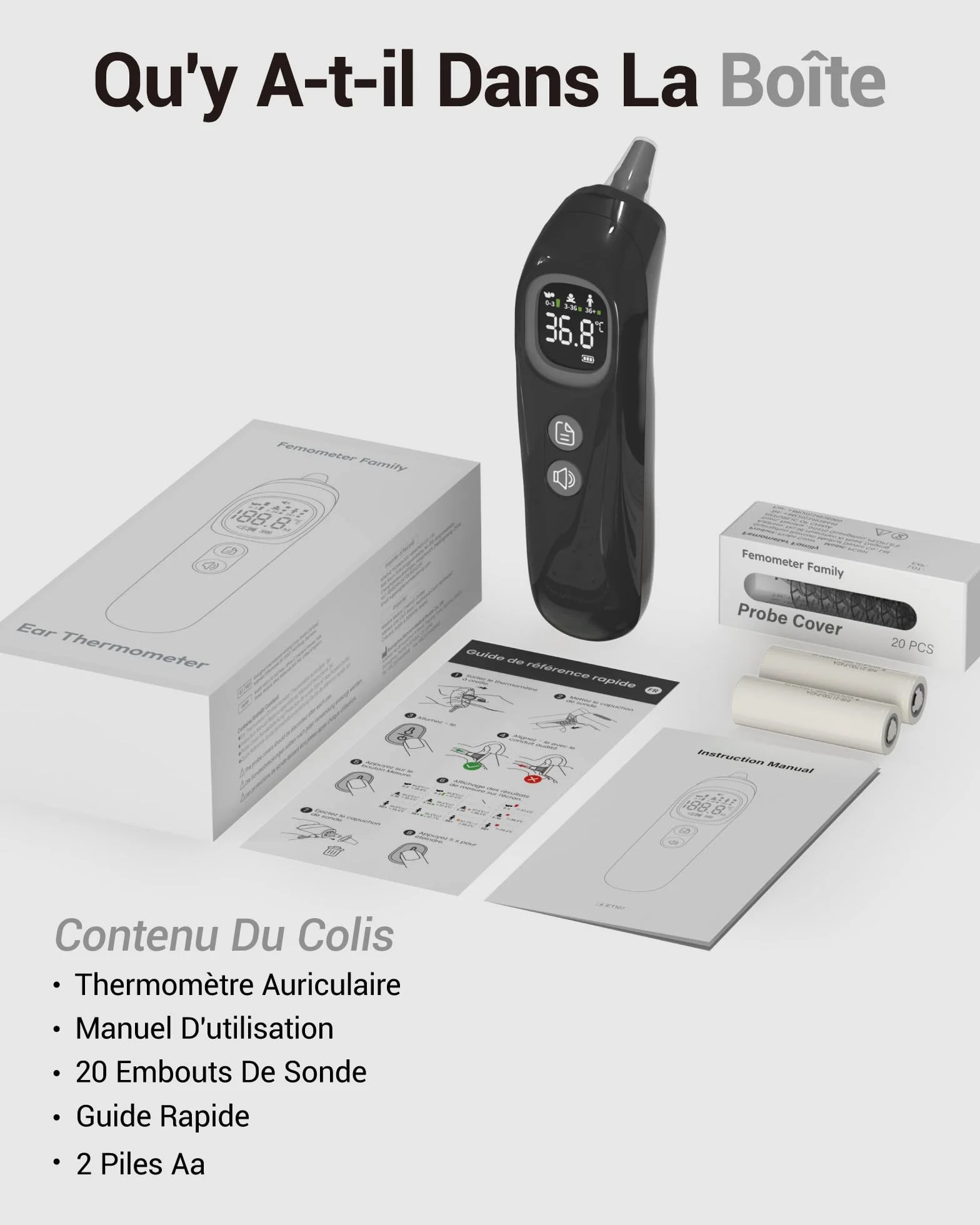 Thermomètre Auriculaire Haute Précision 1 Seconde Guidage Intelligent par Âge Mode Silencieux Numérique Enfants Adultes 20 Embouts