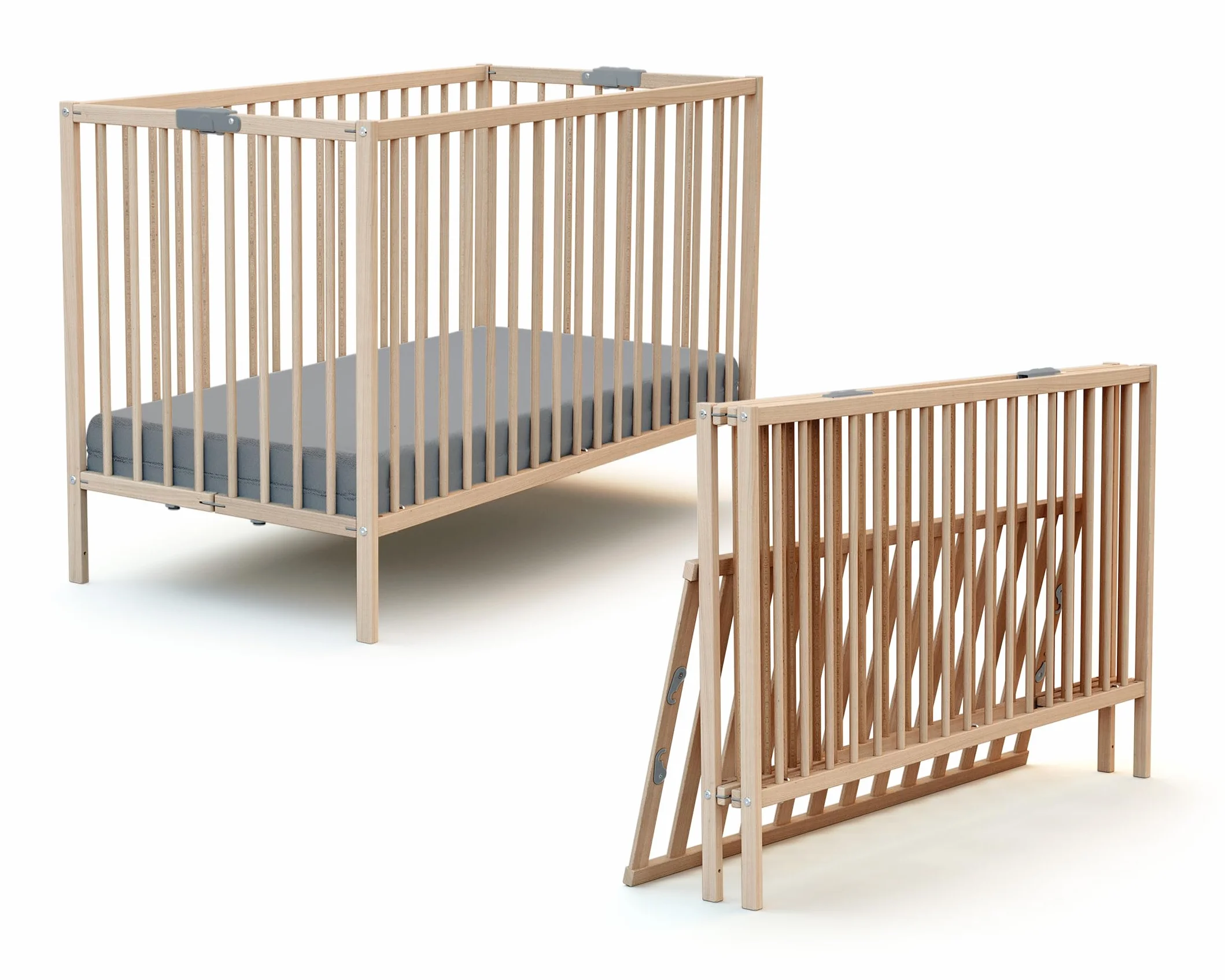 Lit bébé Pliant en Bois Massif Hêtre Brut 60x120cm Sommier à Lattes Dès la Naissance