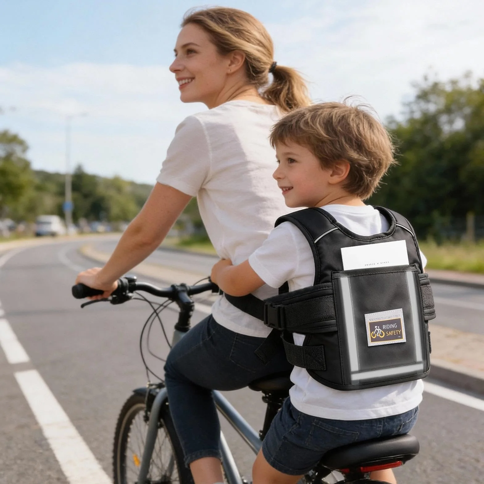 Harnais de Sécurité Moto Enfant Réglable avec Sac et Bandes Réfléchissantes, Ceinture Protection 2-15 Ans