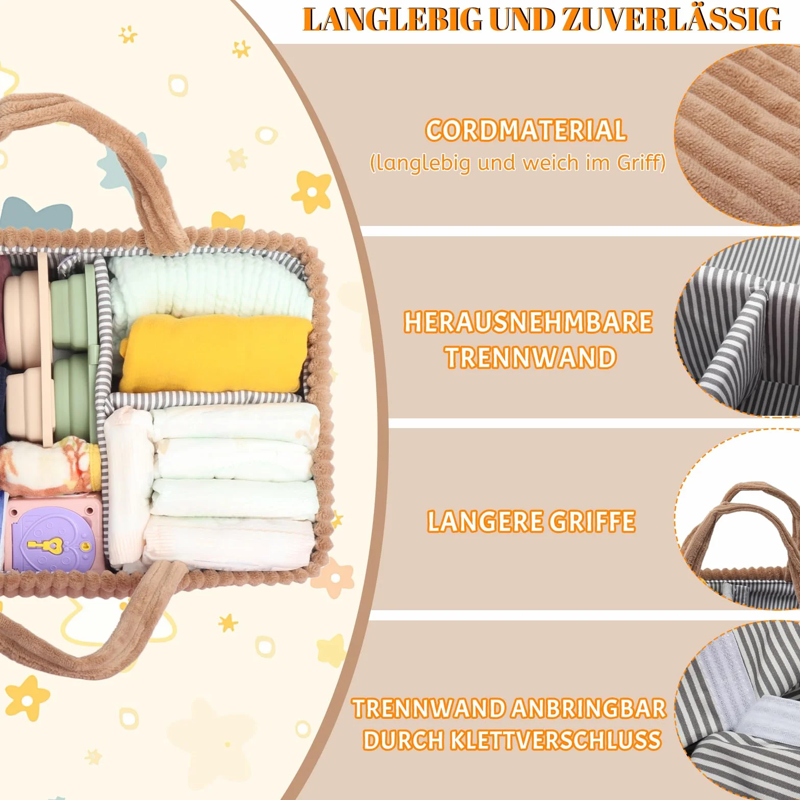 Organiseur de table à langer bébé panier velours côtelé marron foncé