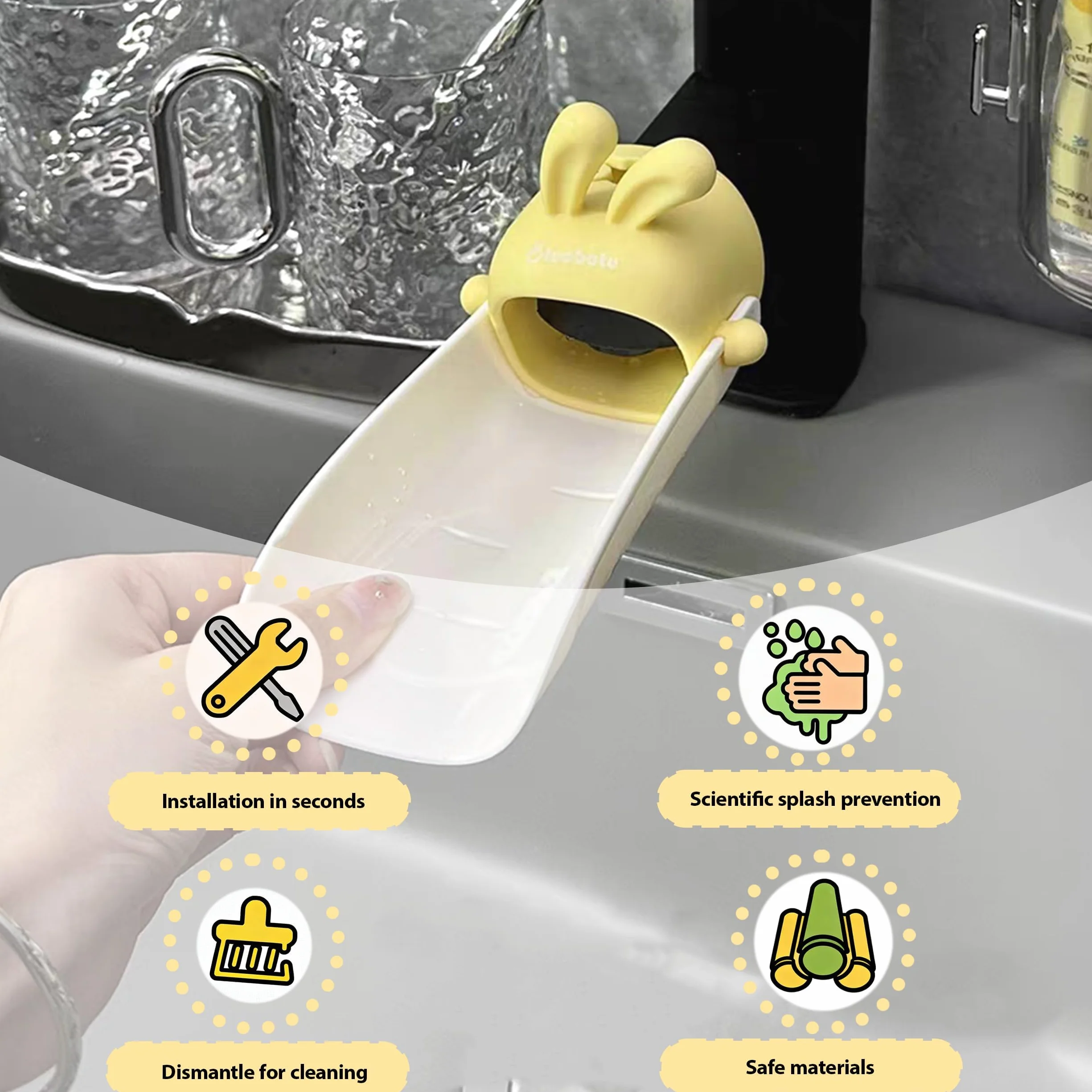 Prolongateur de Robinet Enfant Jaune, Rallonge de Robinet avec Oreilles de Lapin en Plastique pour Lavabo