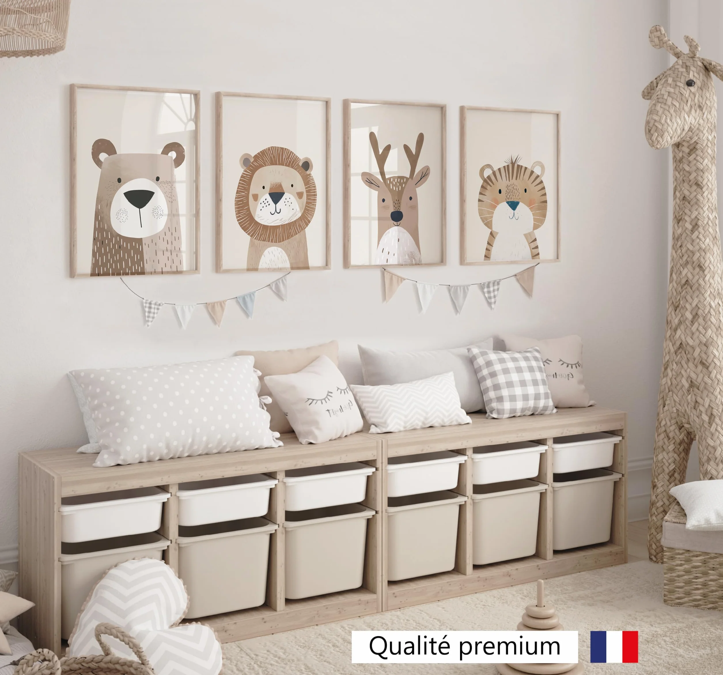 LAVEMA Affiche chambre bébé animaux beige A4 sans cadre décoration pour enfants
