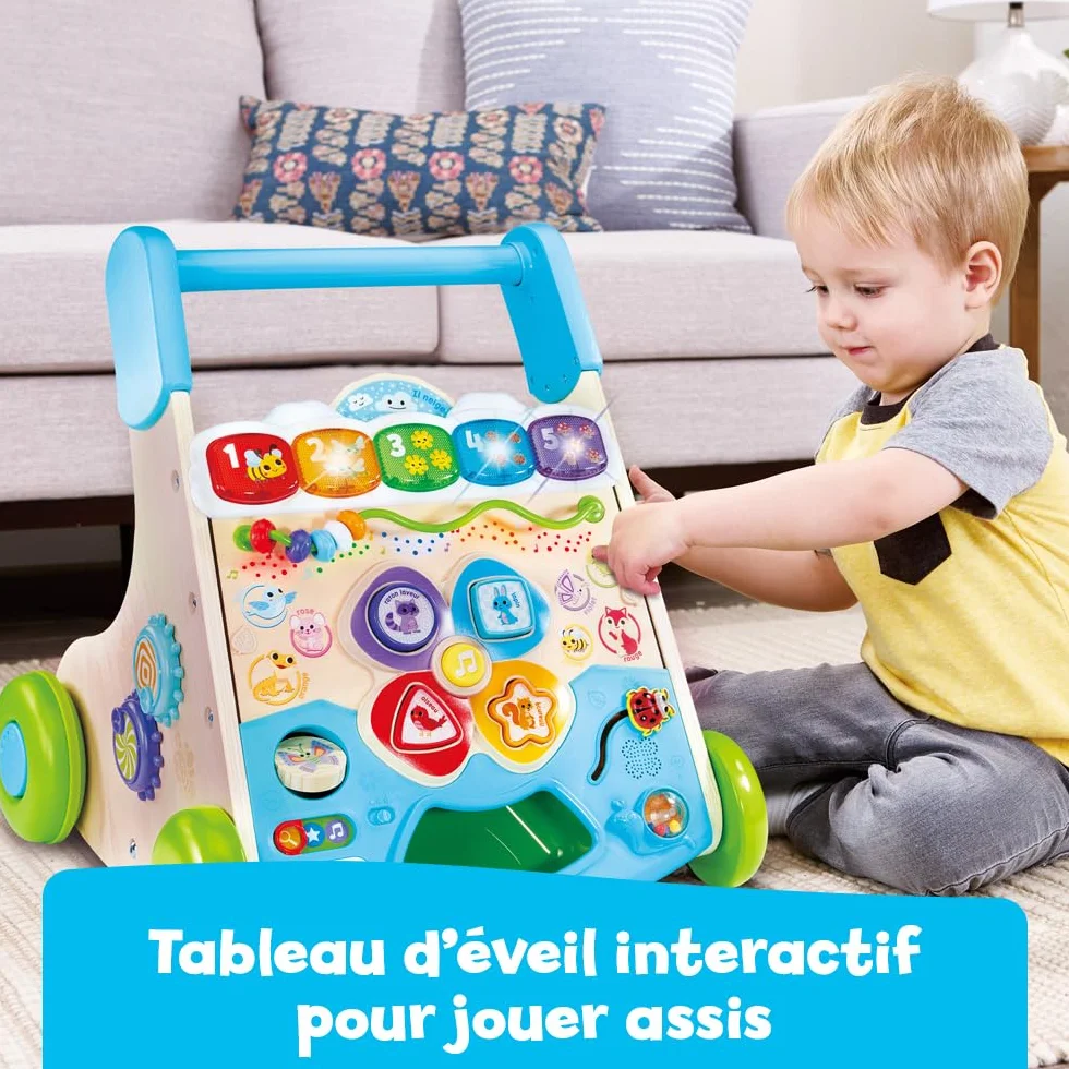 VTech Super Trotteur Nature Interactif, Trotteur Bébé 2 en 1 en Bois, Tableau d'Activités, Apprentissage de la Marche, Cadeau Bébé 9 Mois