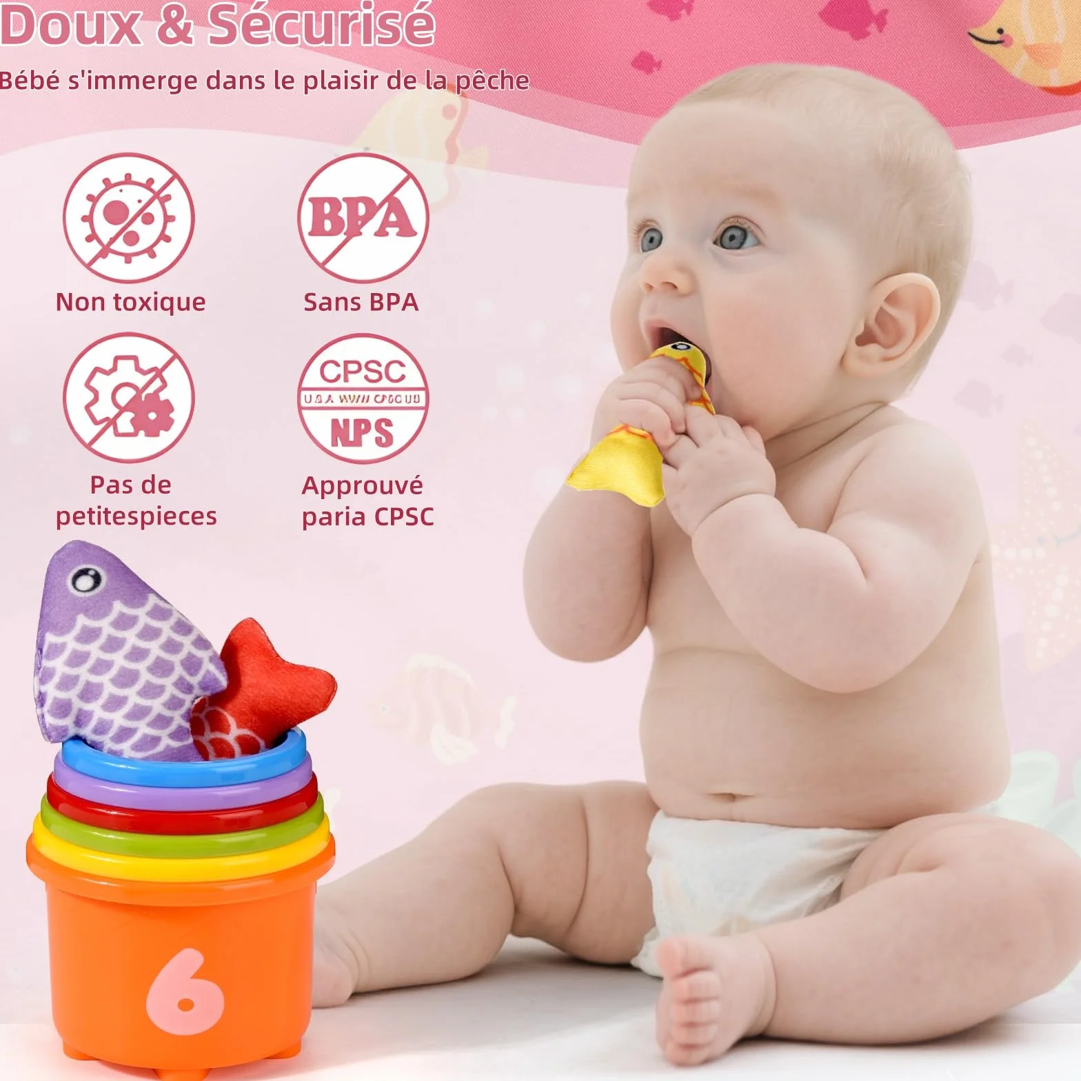 Jouet Montessori Pêche à la Ligne pour Enfant 1 2 3 Ans, Apprendre les Couleurs, Cadeau Fille Garçon 6-18 Mois