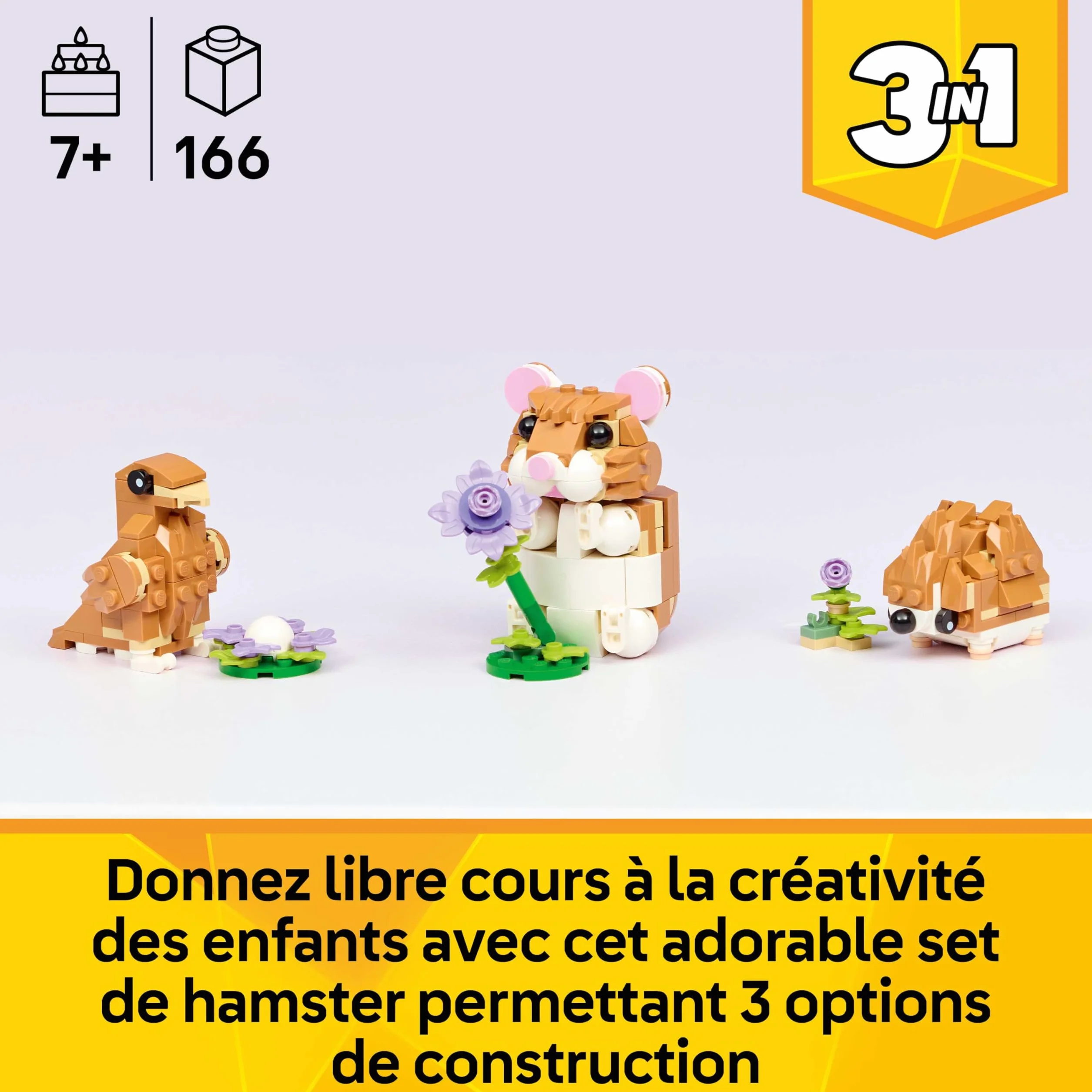 LEGO Creator 3-en-1 L’Adorable Hamster et la Fleur 31376 Figurine d'animal Transformable Aigle Hérisson