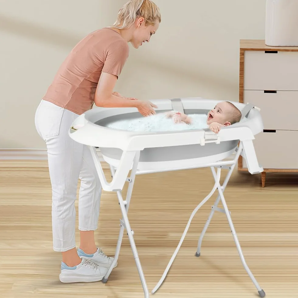 Baignoire Bébé Pliable XXL 2 en 1 sur Pied avec Support, Coussin, Drainage pour Nouveau-nés et Tout-petits (Gris)