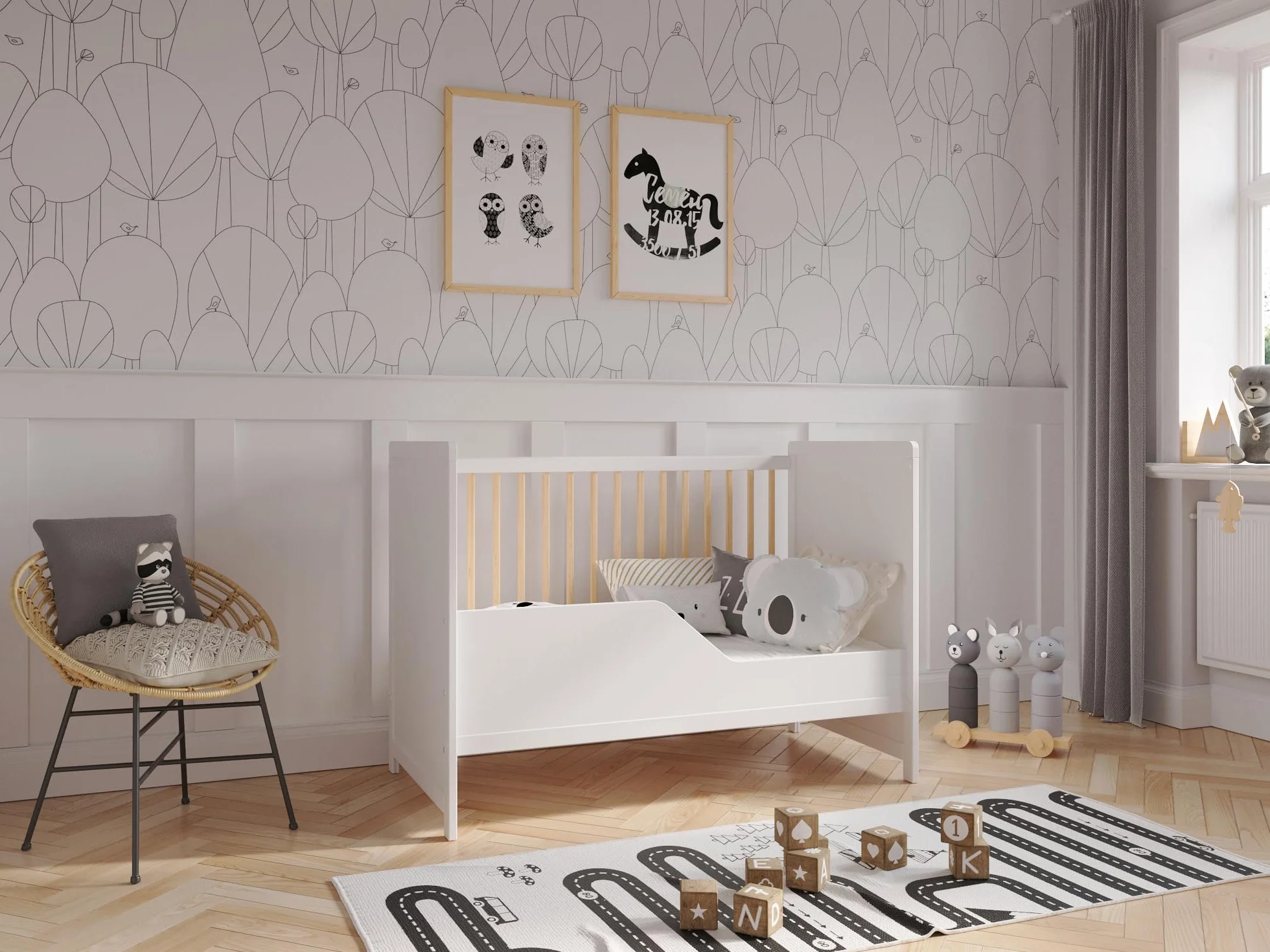 Love For Sleep Tokyo Lit Bébé Évolutif 120x60 cm Bois Pin Blanc Transformable Barrière Sécurité