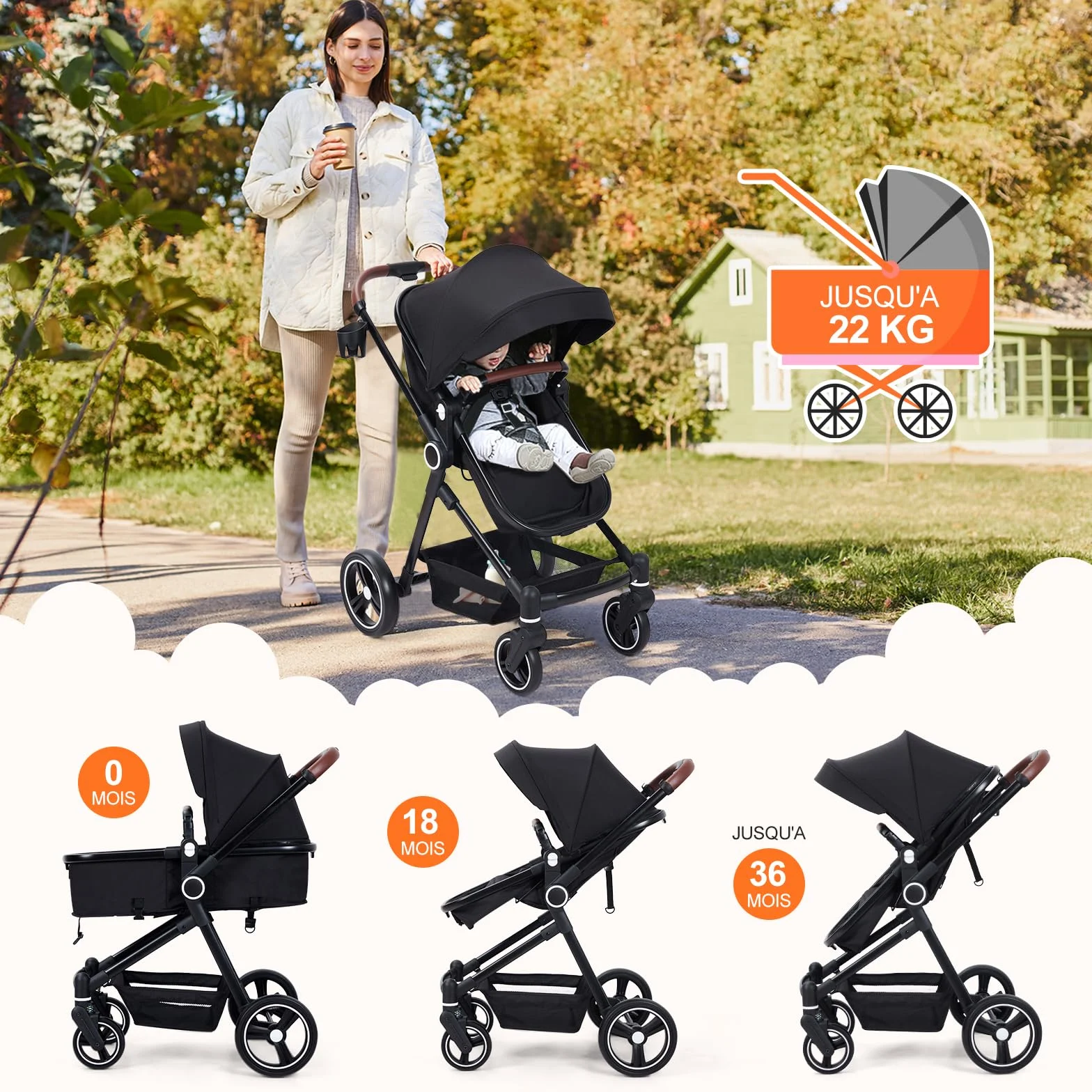 Garvee Poussette Compacte 2 en 1 Système de Voyage Pliable en Un Clic, Cadre en Aluminium pour 0-36 Mois
