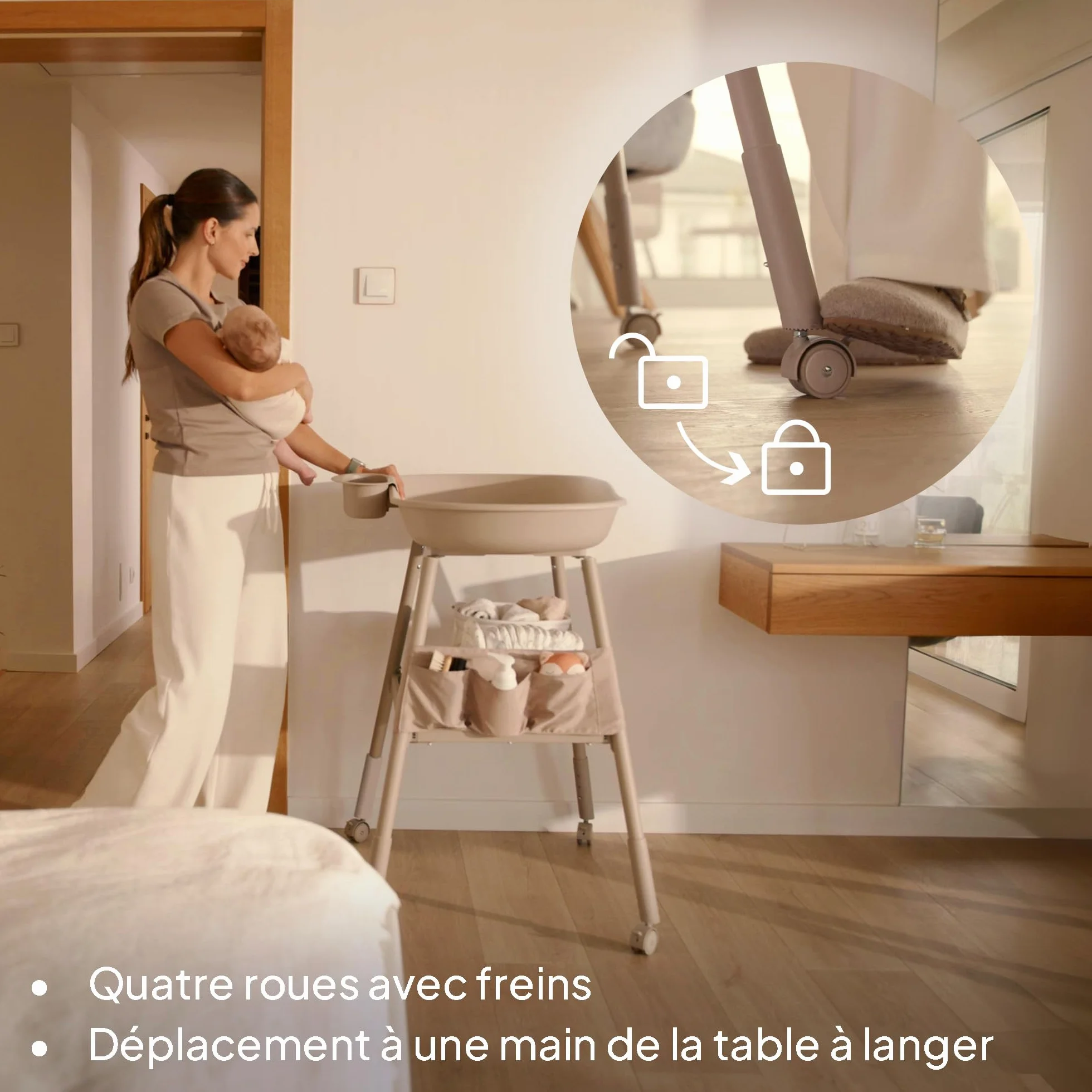 LIONELO Rosie table à langer bébé mobile sur roulettes matelas imperméable hauteur réglable rangements