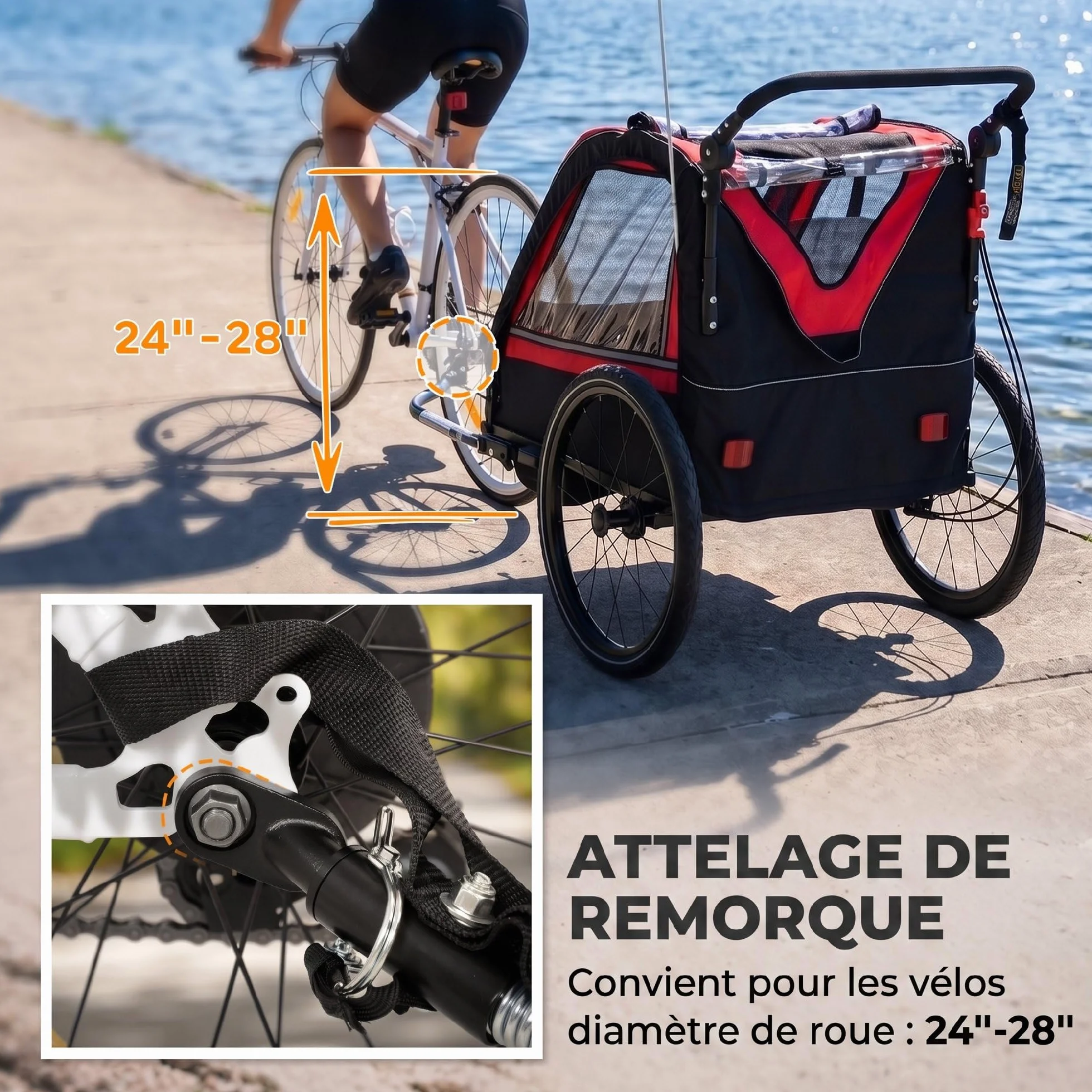 AIYAPLAY Remorque vélo Enfant 2 Places 2 en 1 Poussette bébé Guidon réglable Frein à Main Ceinture sécurité 5 Points attelage Universel 38 kg Rouge