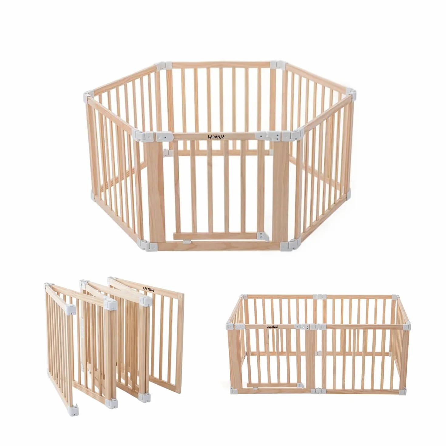 Parc bébé pliable en bois naturel 152x76 cm avec porte sécurisée et ventouses antidérapantes