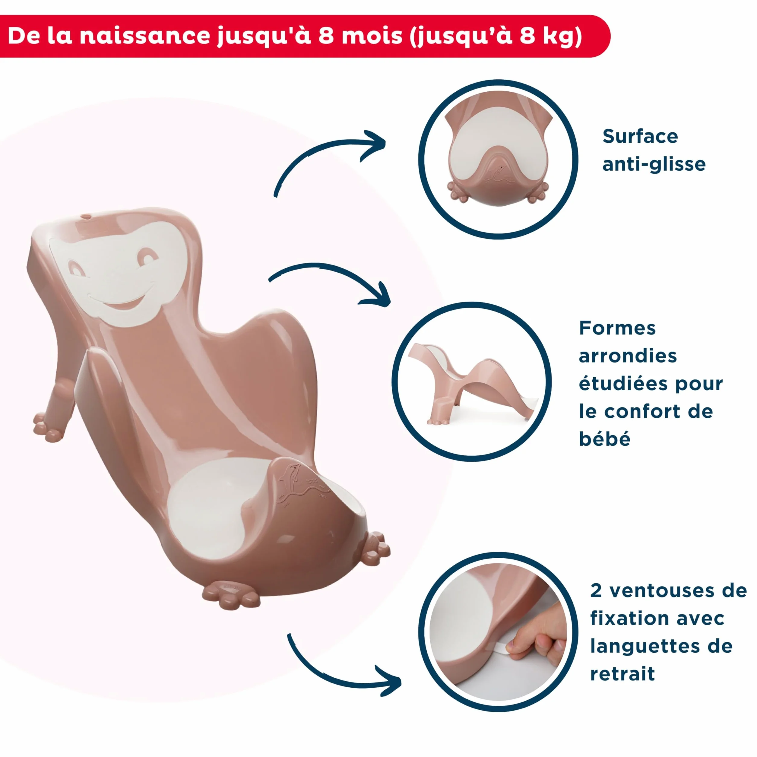 BABYCOON Transat de Bain THERMOBABY Naissance à 8 mois 8 kg Rose Câlin Fabriqué en France