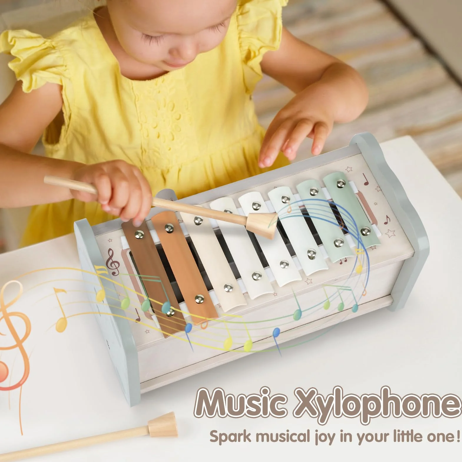 DINORUN Jouet Montessori Xylophone en Bois pour Bebe 1 2 3 4 Ans