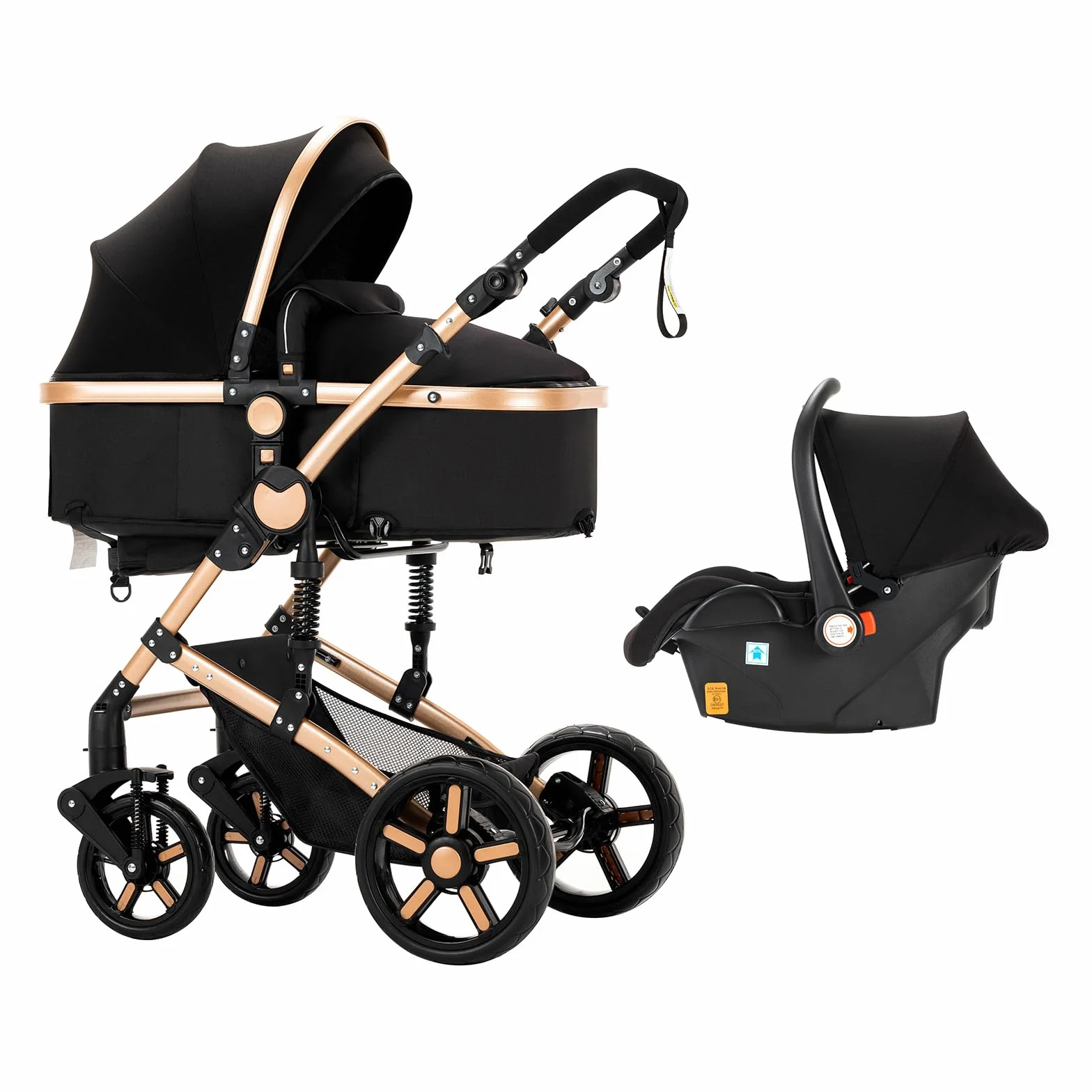 Poussette 3 en 1 Haute Vue Pliante Aluminium Système Voyage Bébé Noir Doré