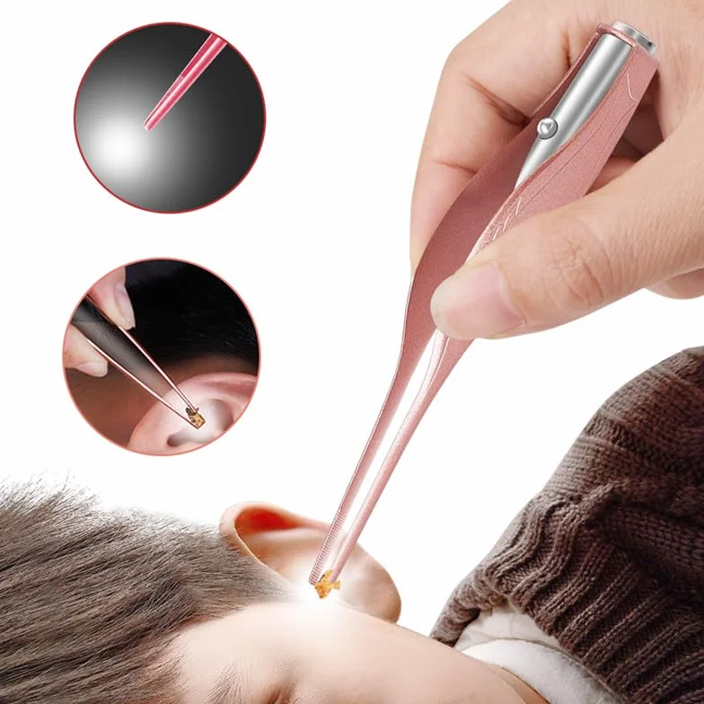 Pince à épiler LED avec lampe de poche étanche, nettoyage doux des oreilles, Rose Gold