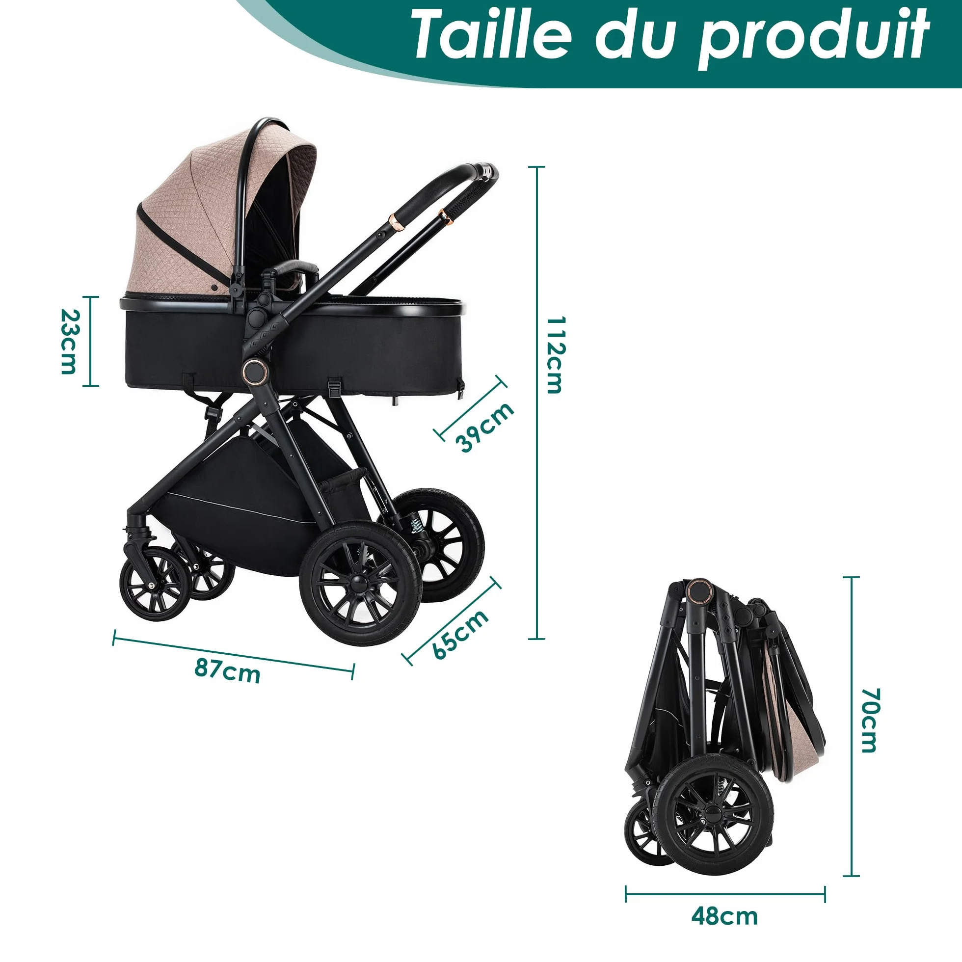 Poussette 3 en 1 Siège Auto Léger Bébé Pliable 0-36 Mois Kaki