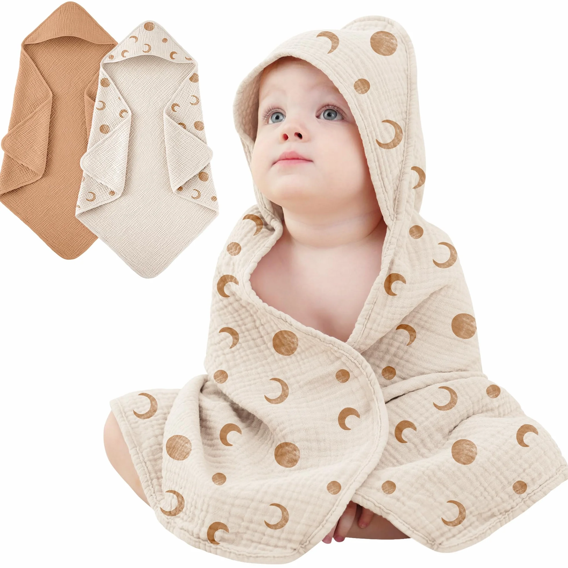 Lot de 2 Serviettes de Bain à Capuche pour Bébé en Mousseline de Coton Doux et Absorbant (Lune Brune)